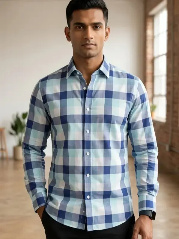 Blue and White Cotton Check