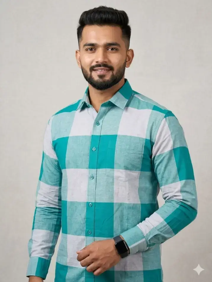 Cotton Stripe Teal green squares
