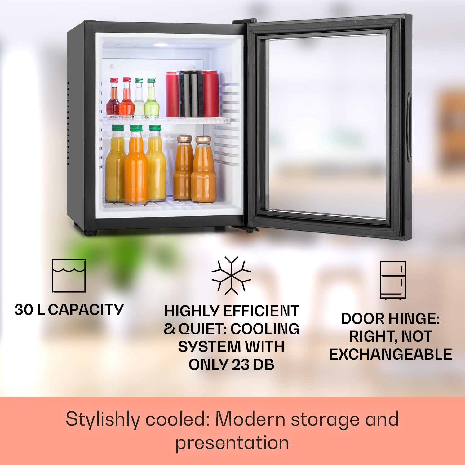 MKS-13 Minibar Mini frigo 3 livelli di temperatura Volume: 30L 23 dB Porta di vetro nera 30 Ltr | Nero / Bianco