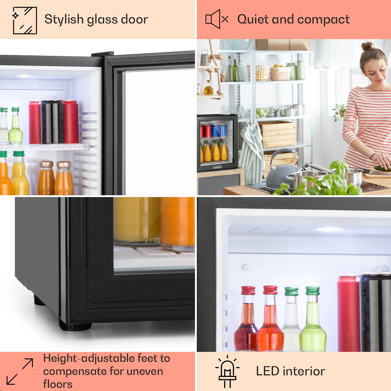 MKS-13 Minibar Mini frigo 3 livelli di temperatura Volume: 30L 23 dB Porta di vetro nera 30 Ltr | Nero / Bianco