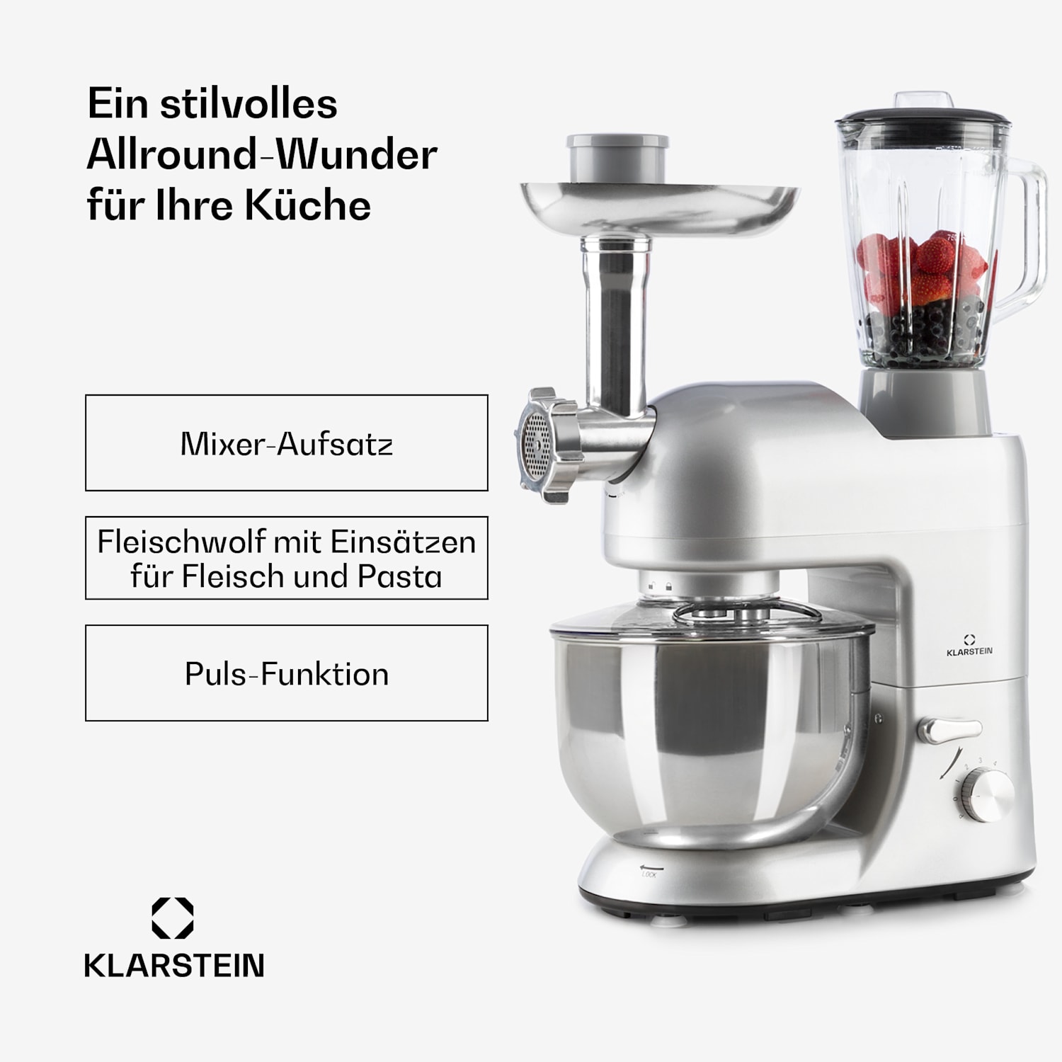 Lucia Robot ménager 3-en-1 1800 W / 2,7 ch 5 l Acier inoxydable sans BPA Argent Métallisé