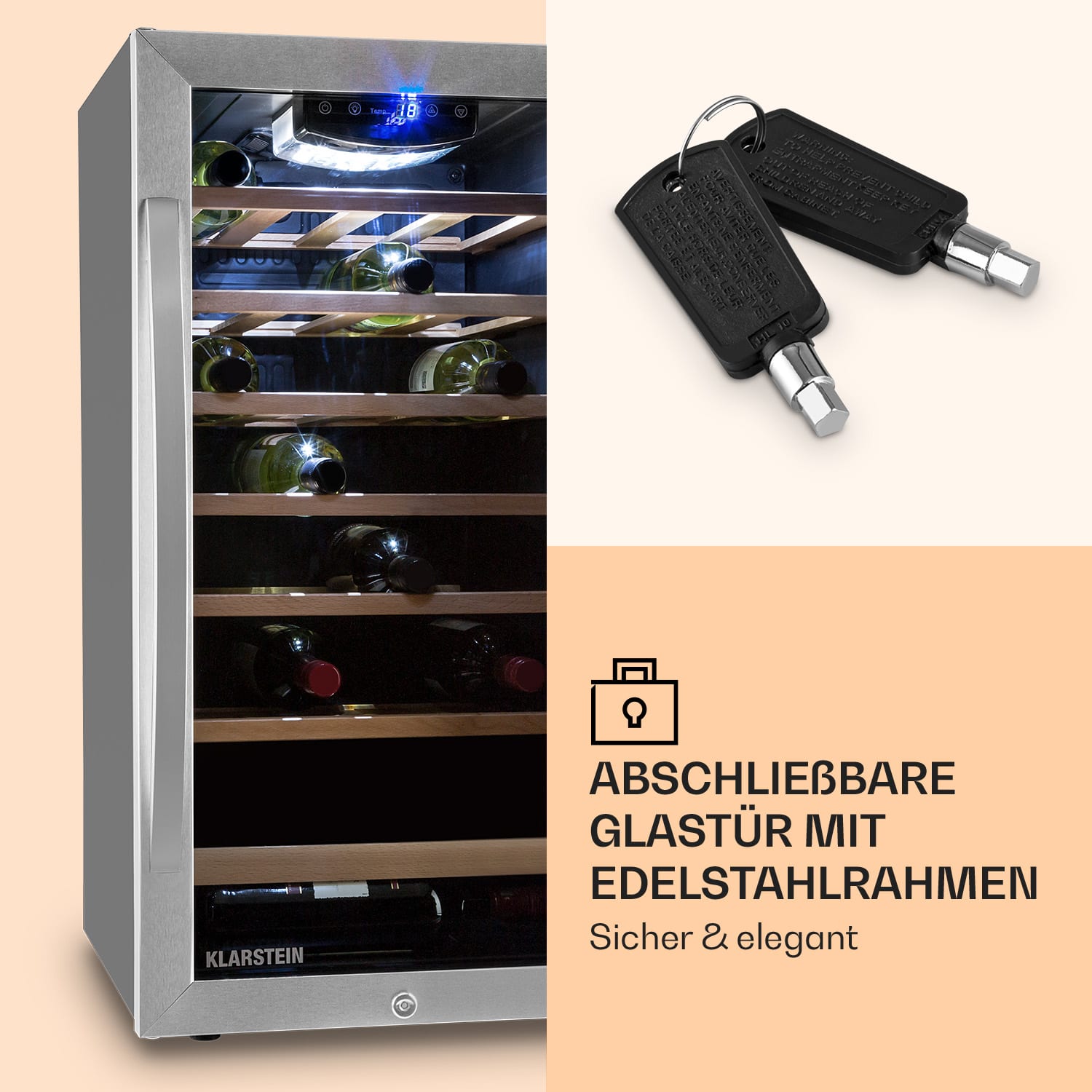 Vinamour 26 Uno Weinkühlschrank 26 Flaschen 88 Liter Edelstahl LED 26 Flaschen | 1 Kühlzone | Edelstahl