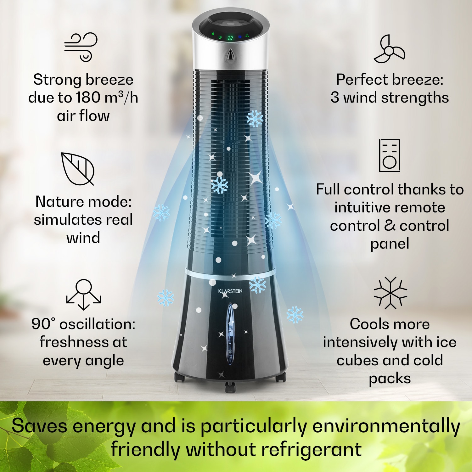 Skyscraper Ice 4-in-1 Rafraîchisseur d'air et  Ventilateur 210 m³/h 30 W Oscillation mobile Télécommande 180 m³/h | Non | Noir
