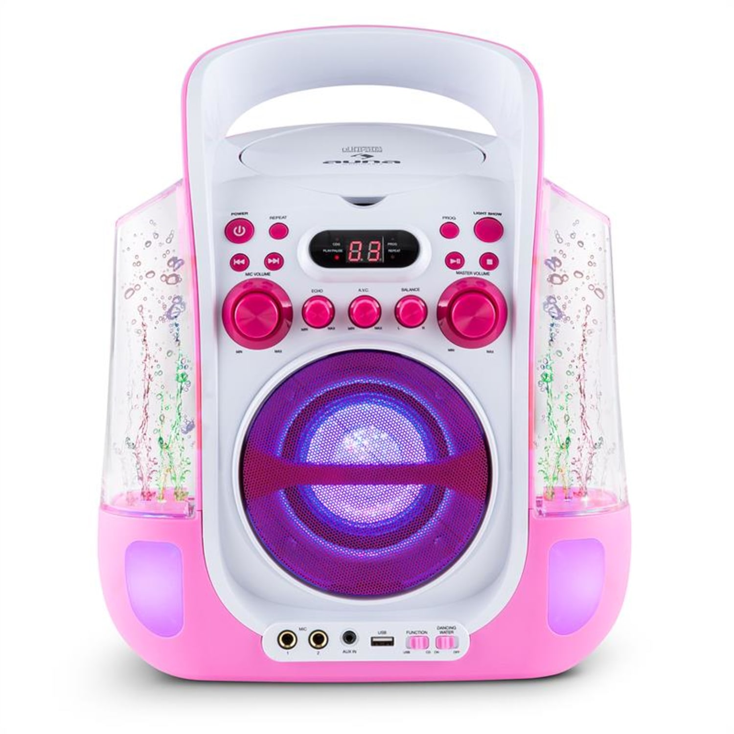 Kara Liquida Impianto Karaoke CD USB MP3 Getto D'Acqua LED 2 x Microfoni Portatile rosa