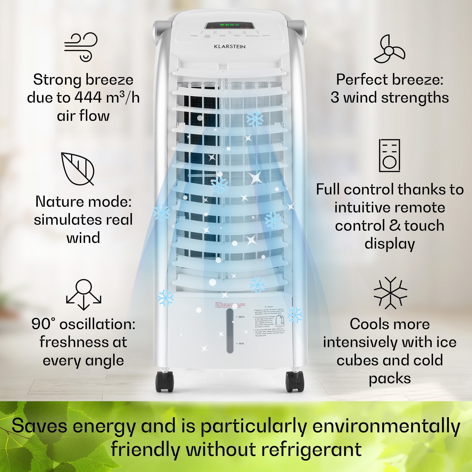 Maxfresh ventilatore, raffrescatore evaporativo, umidificatore, funzione 4 in 1, oscillazione, serbatoio d'acqua da 6L, 55W, funzione timer 444 m³/h | No | Bianco