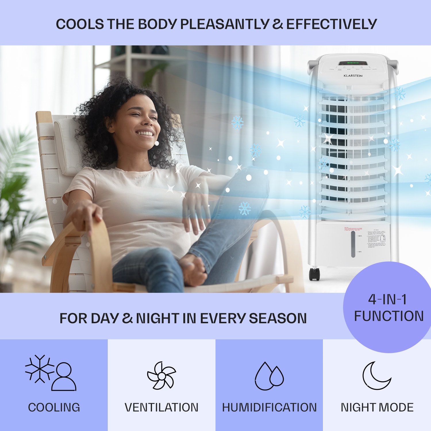 Maxfresh ventilatore, raffrescatore evaporativo, umidificatore, funzione 4 in 1, oscillazione, serbatoio d'acqua da 6L, 55W, funzione timer 444 m³/h | No | Bianco