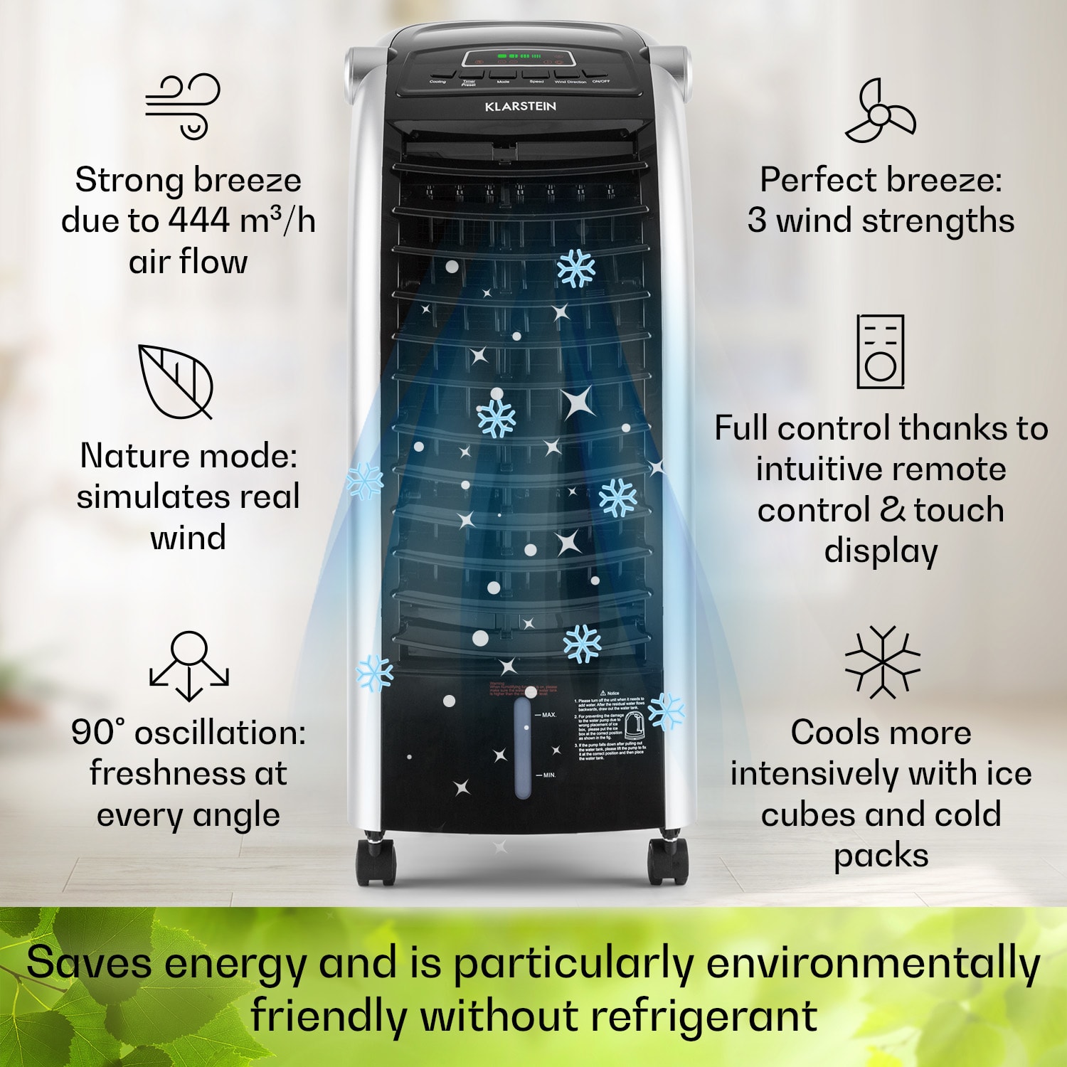 Maxfresh ventilatore, raffrescatore evaporativo, umidificatore, funzione 4 in 1, oscillazione, serbatoio d'acqua da 6L, 55W, funzione timer 444 m³/h | No | Nero