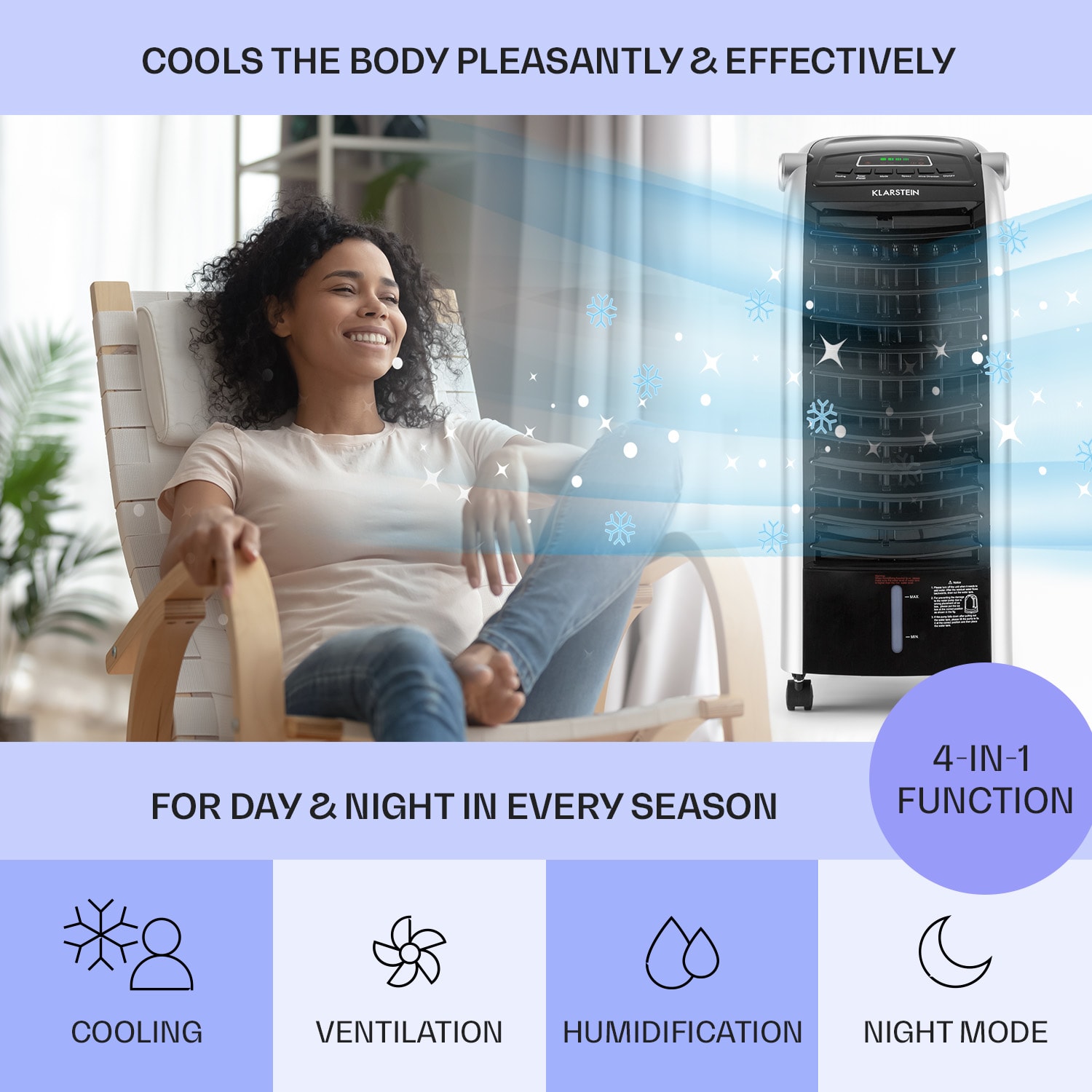 Maxfresh ventilatore, raffrescatore evaporativo, umidificatore, funzione 4 in 1, oscillazione, serbatoio d'acqua da 6L, 55W, funzione timer 444 m³/h | No | Nero