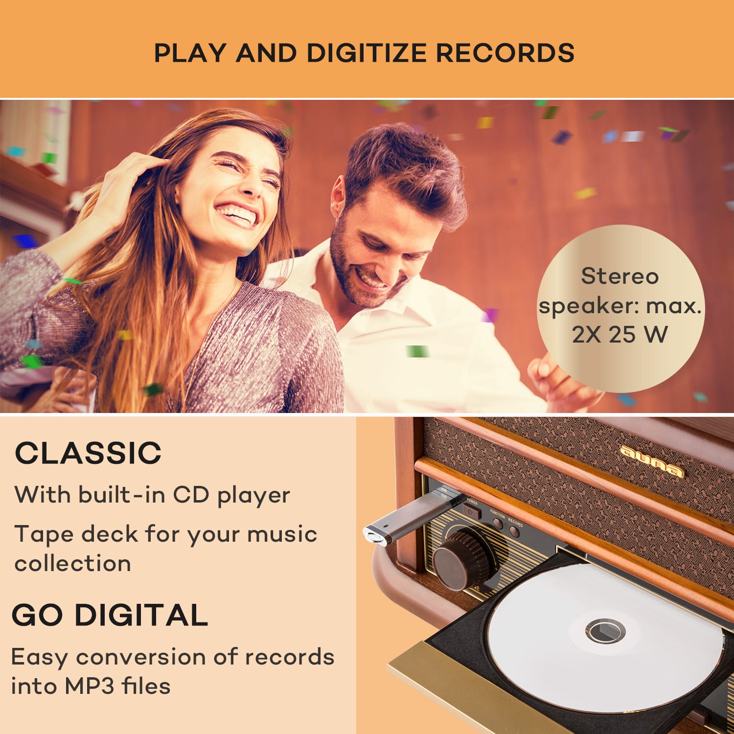 Belle Epoque 1908 DAB Retro-Stereoanlage Plattenspieler DAB+  CD-Player / DAB-Radio | Kirschbaumholz
