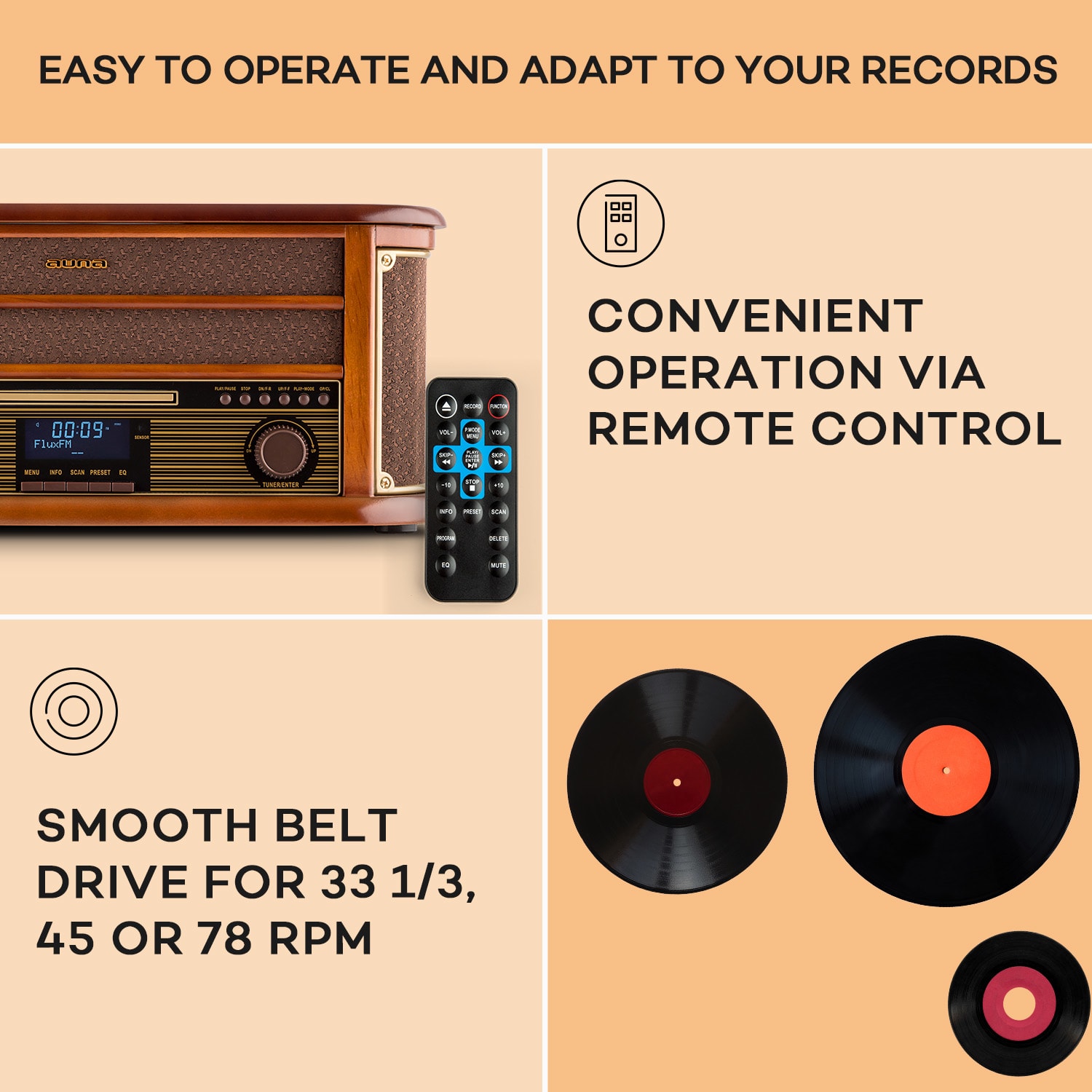 Belle Epoque 1908 DAB Retro-Stereoanlage Plattenspieler DAB+  CD-Player / DAB-Radio | Kirschbaumholz