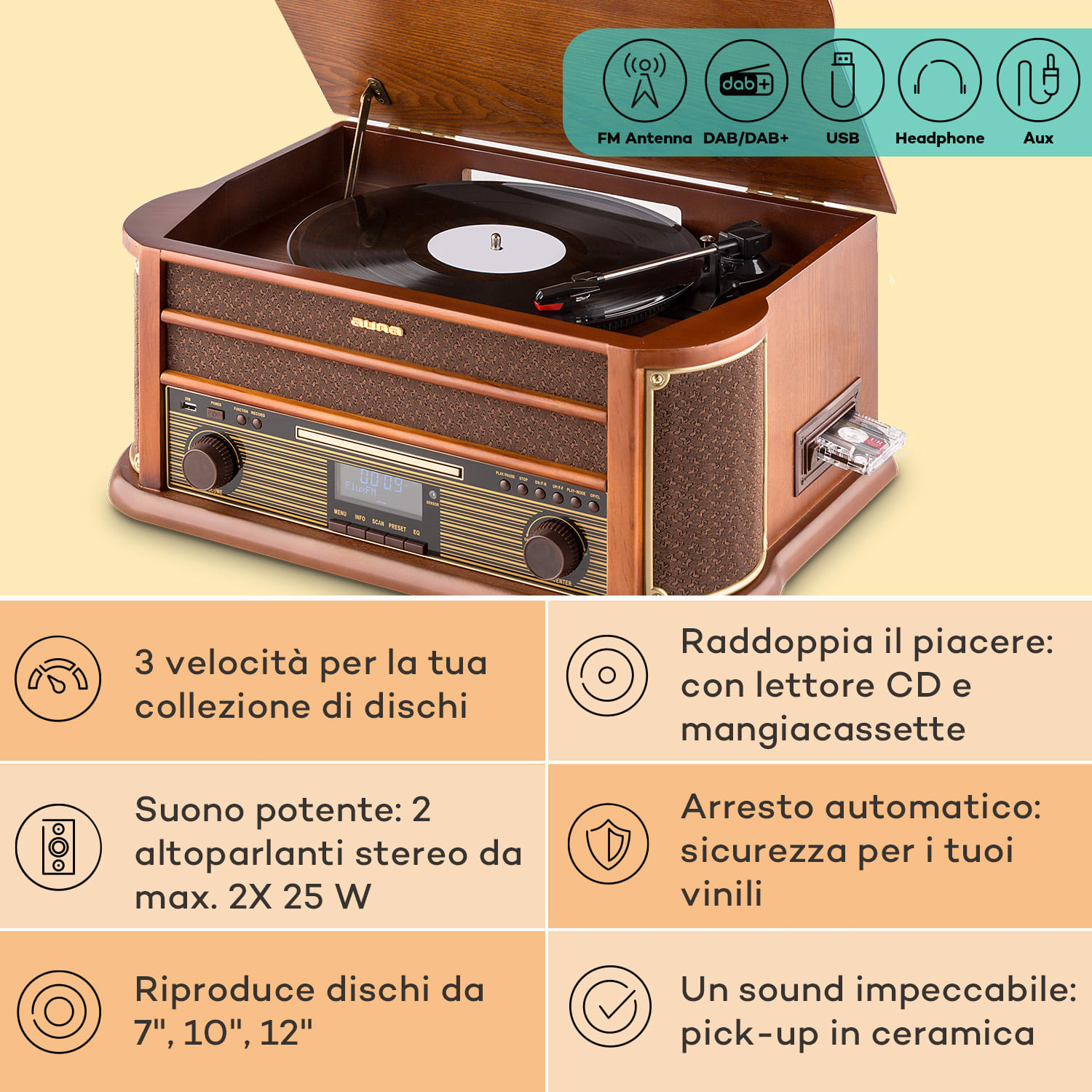 Belle Epoque 1908 DAB - Impianto stereo rétro, giradischi, DAB+ CD-Player / DAB-Radio | Legno di ciliegio