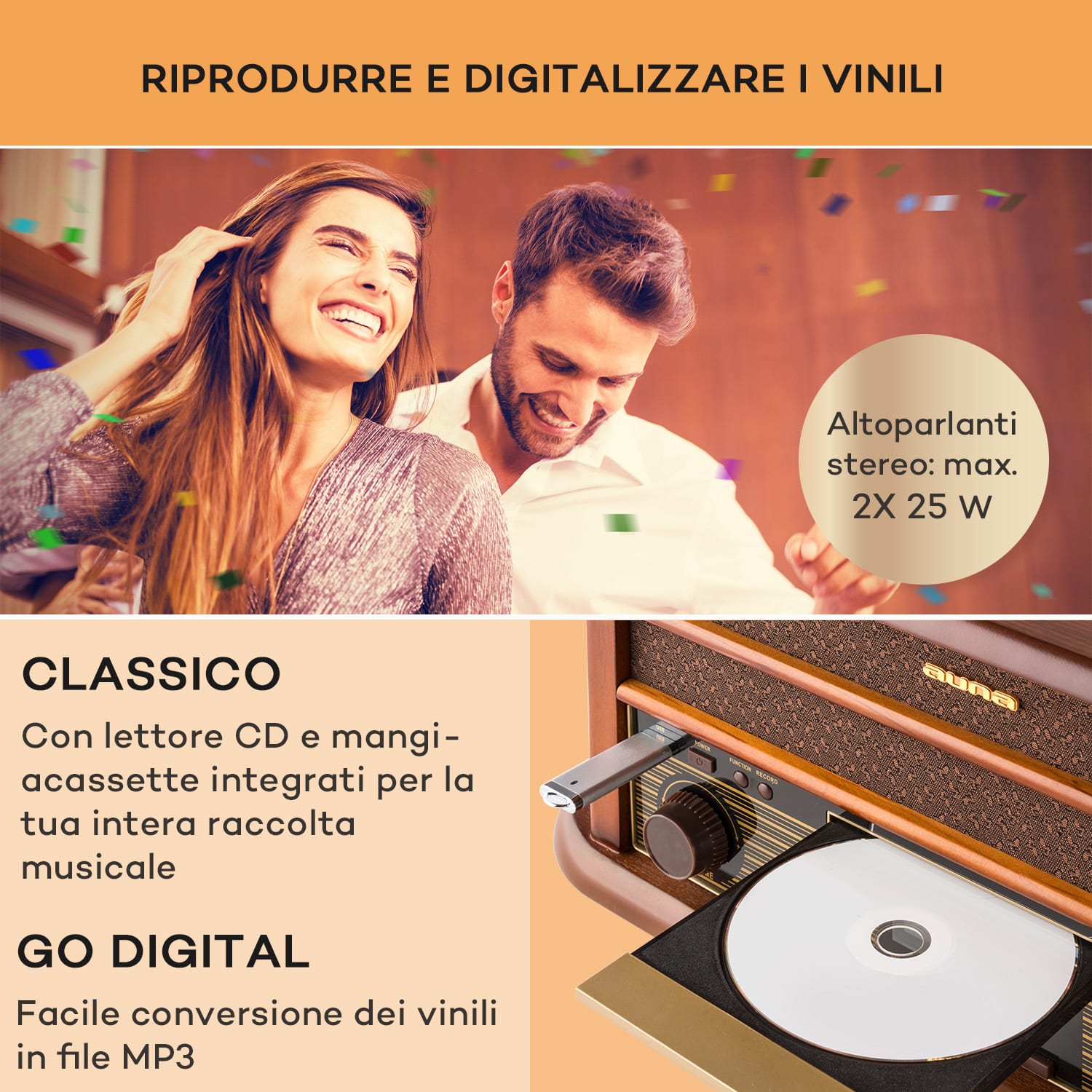 Belle Epoque 1908 DAB - Impianto stereo rétro, giradischi, DAB+ CD-Player / DAB-Radio | Legno di ciliegio