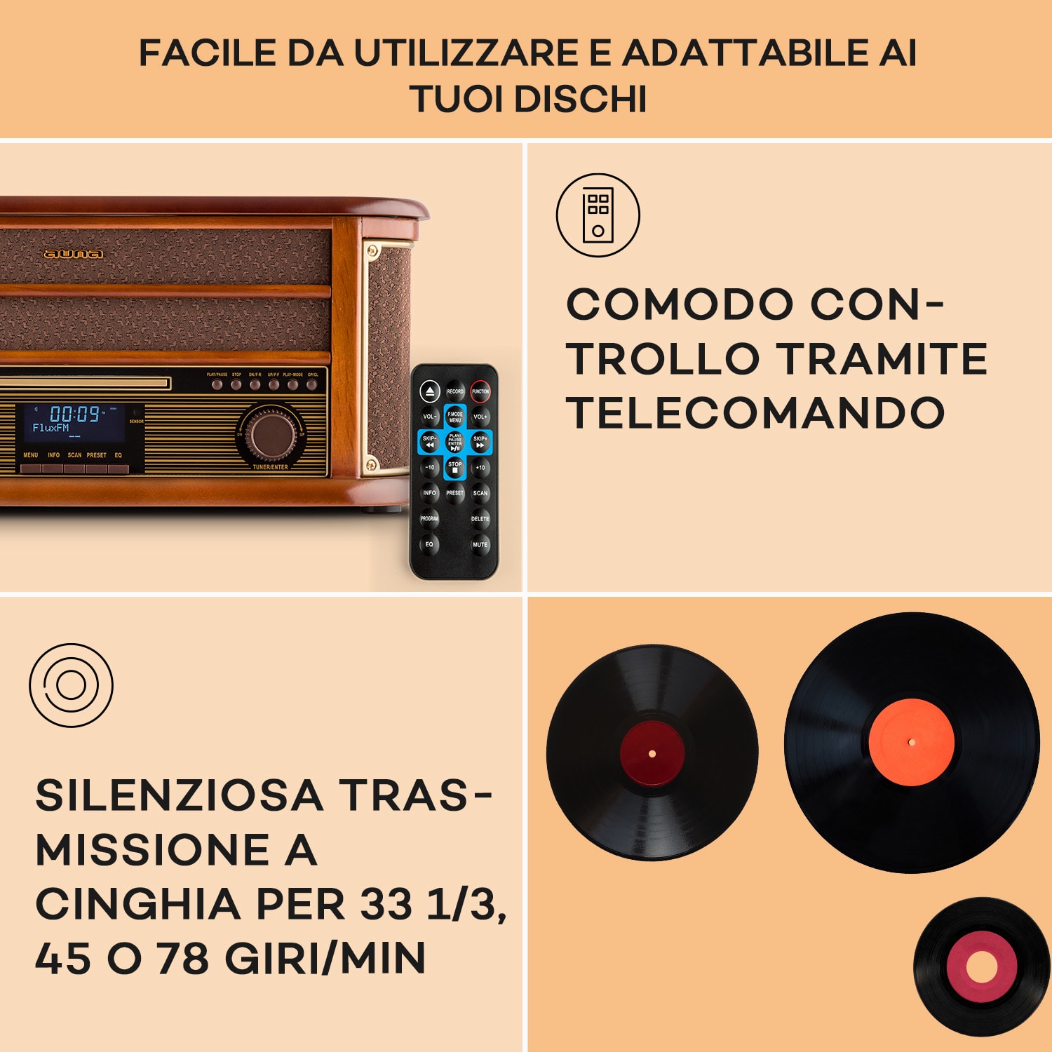 Belle Epoque 1908 DAB - Impianto stereo rétro, giradischi, DAB+ CD-Player / DAB-Radio | Legno di ciliegio