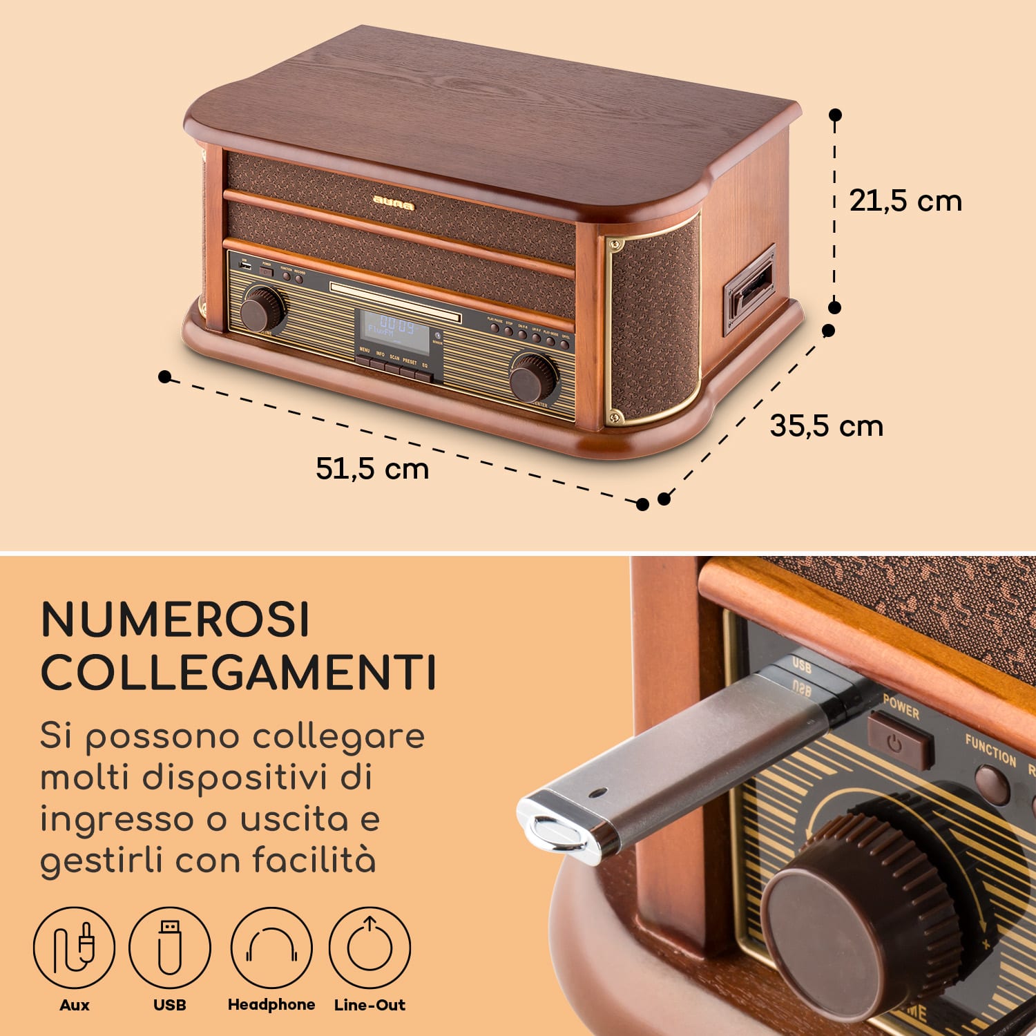 Belle Epoque 1908 DAB - Impianto stereo rétro, giradischi, DAB+ CD-Player / DAB-Radio | Legno di ciliegio