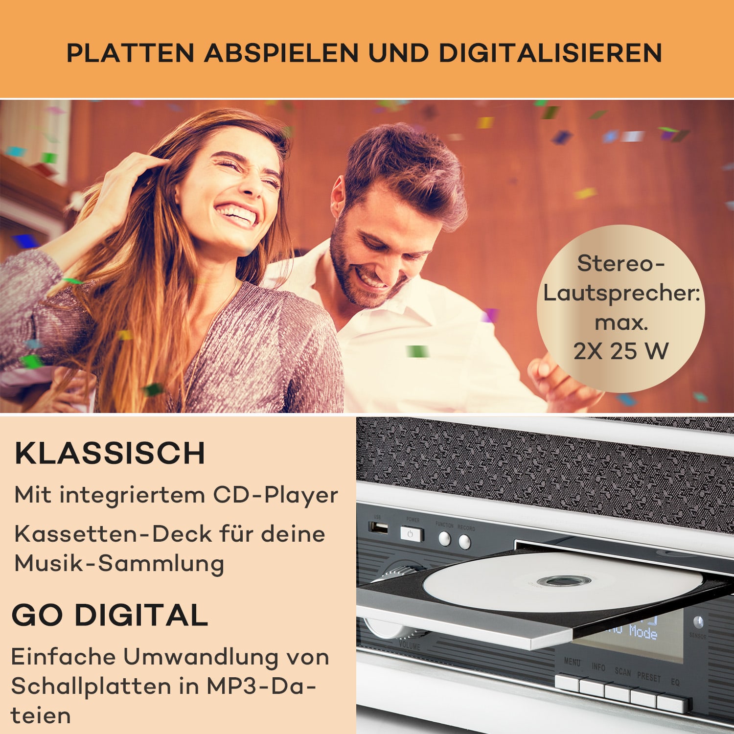 Belle Epoque 1908 DAB Retro-Stereoanlage Plattenspieler DAB+ Bluetooth CD-Player / Bluetooth / DAB Radio | Weißes Holz
