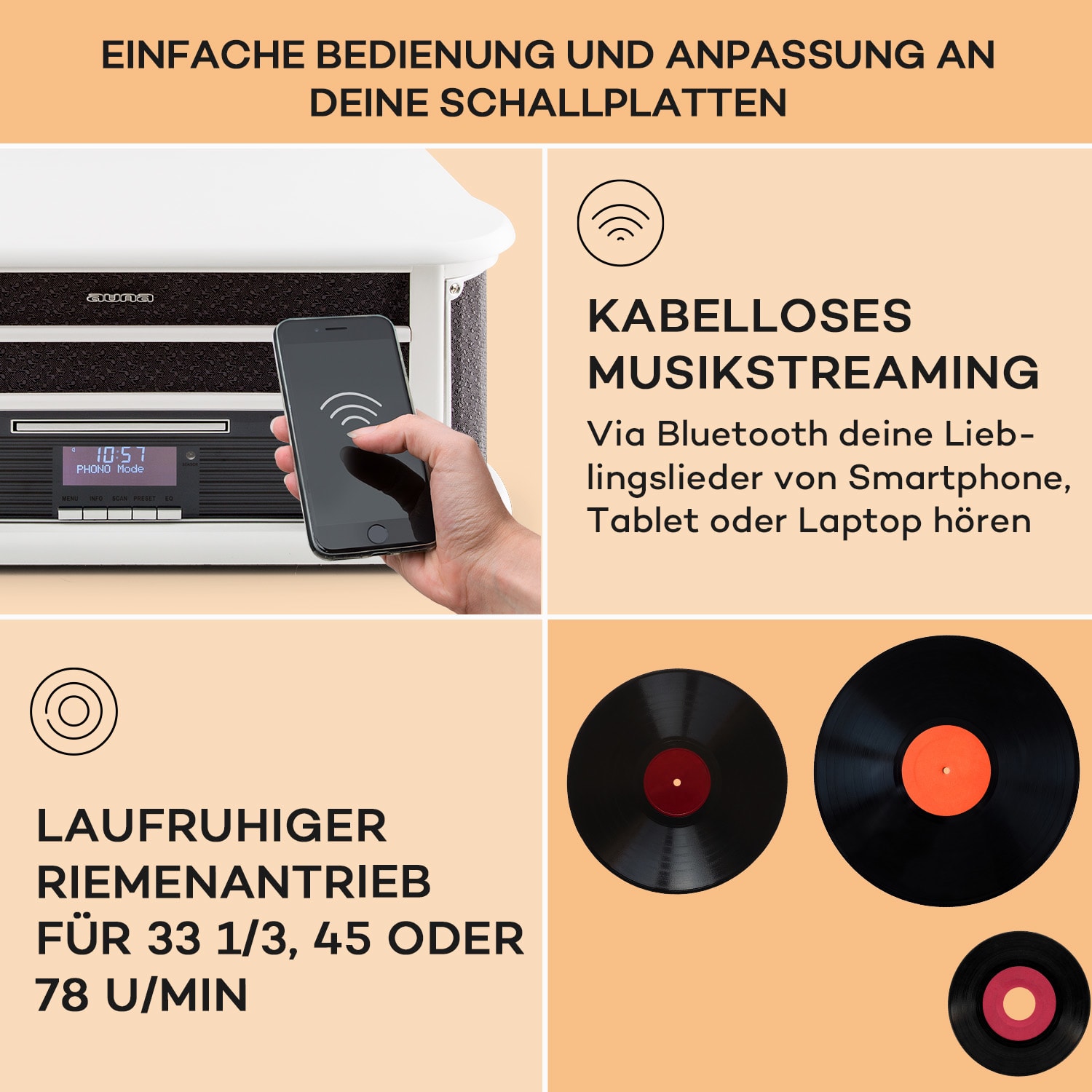 Belle Epoque 1908 DAB Retro-Stereoanlage Plattenspieler DAB+ Bluetooth CD-Player / Bluetooth / DAB Radio | Weißes Holz