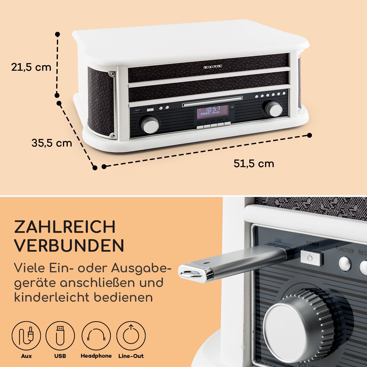 Belle Epoque 1908 DAB Retro-Stereoanlage Plattenspieler DAB+ Bluetooth CD-Player / Bluetooth / DAB Radio | Weißes Holz