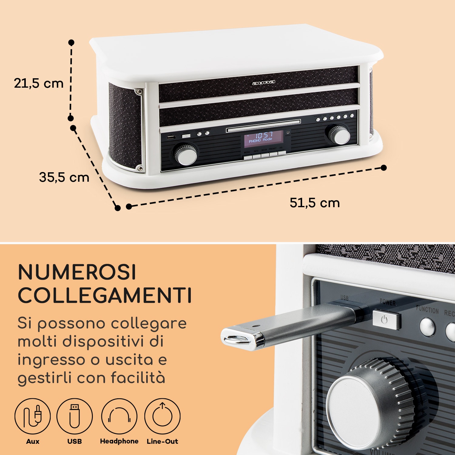 Belle Epoque 1908 DAB - Impianto stereo rétro, giradischi, DAB+, Bluetooth bianco | CD-Player / Bluetooth / DAB Radio