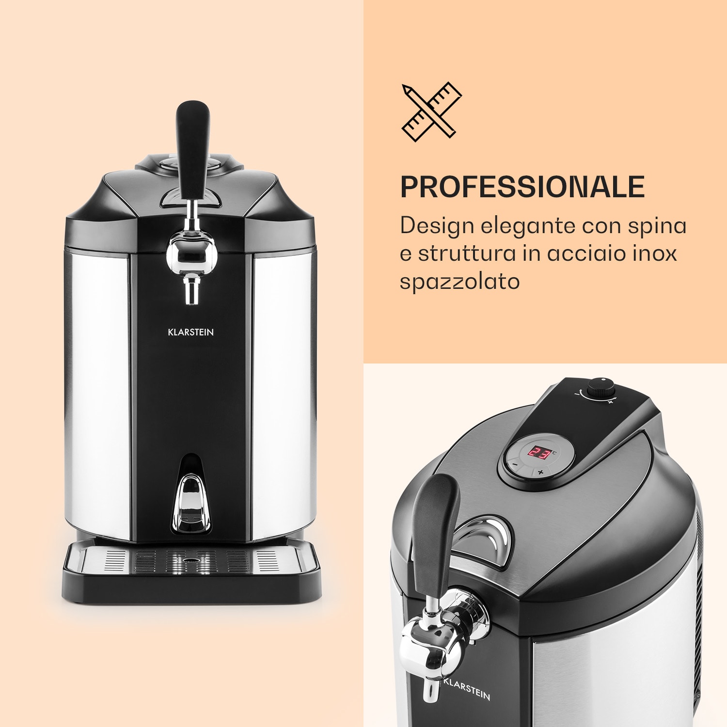 Skal - Impianto di spillatura, refrigeratore per birra, fusti da 5 litri, CO2, acciaio inox Nero / Argento metallizzato