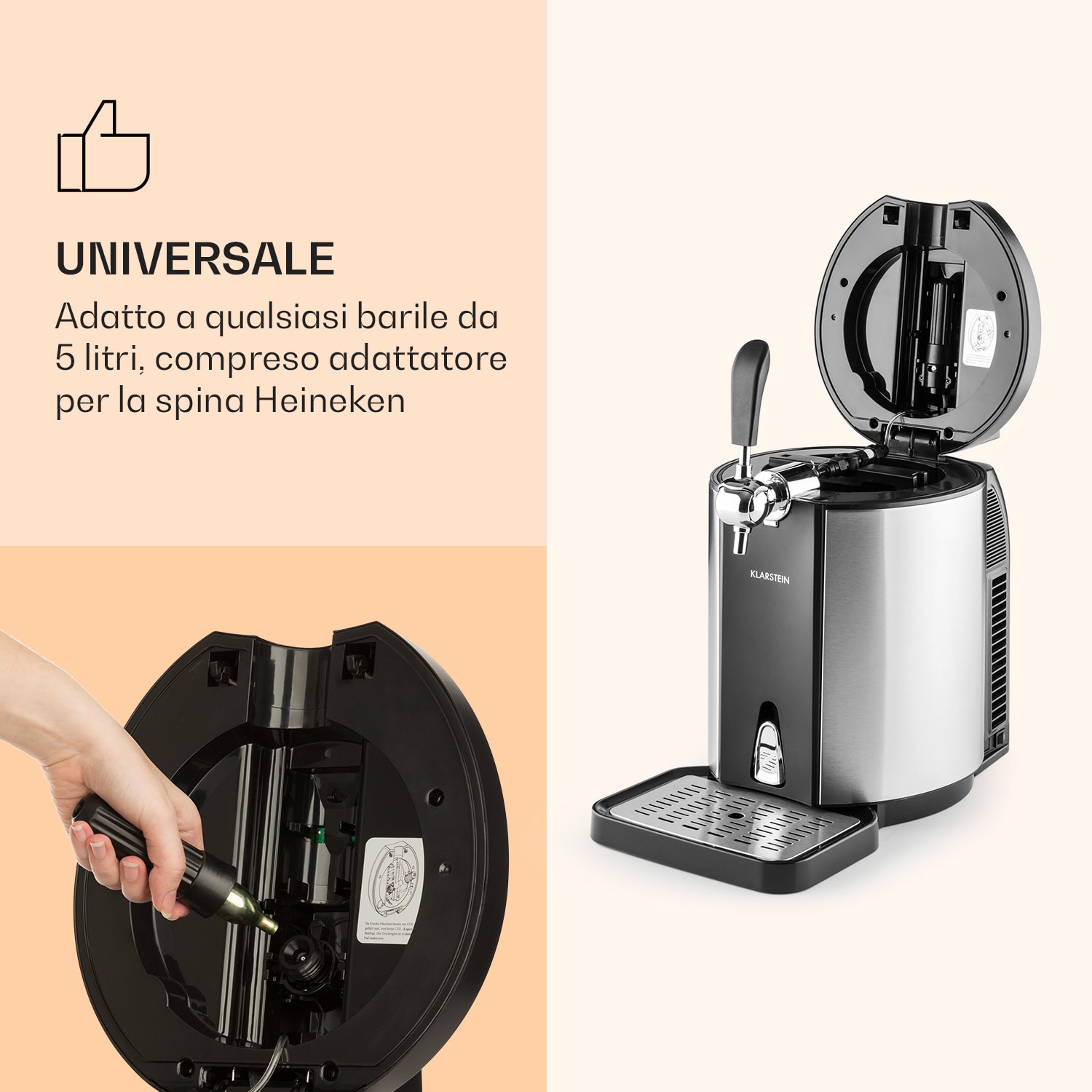 Skal - Impianto di spillatura, refrigeratore per birra, fusti da 5 litri, CO2, acciaio inox Nero / Argento metallizzato