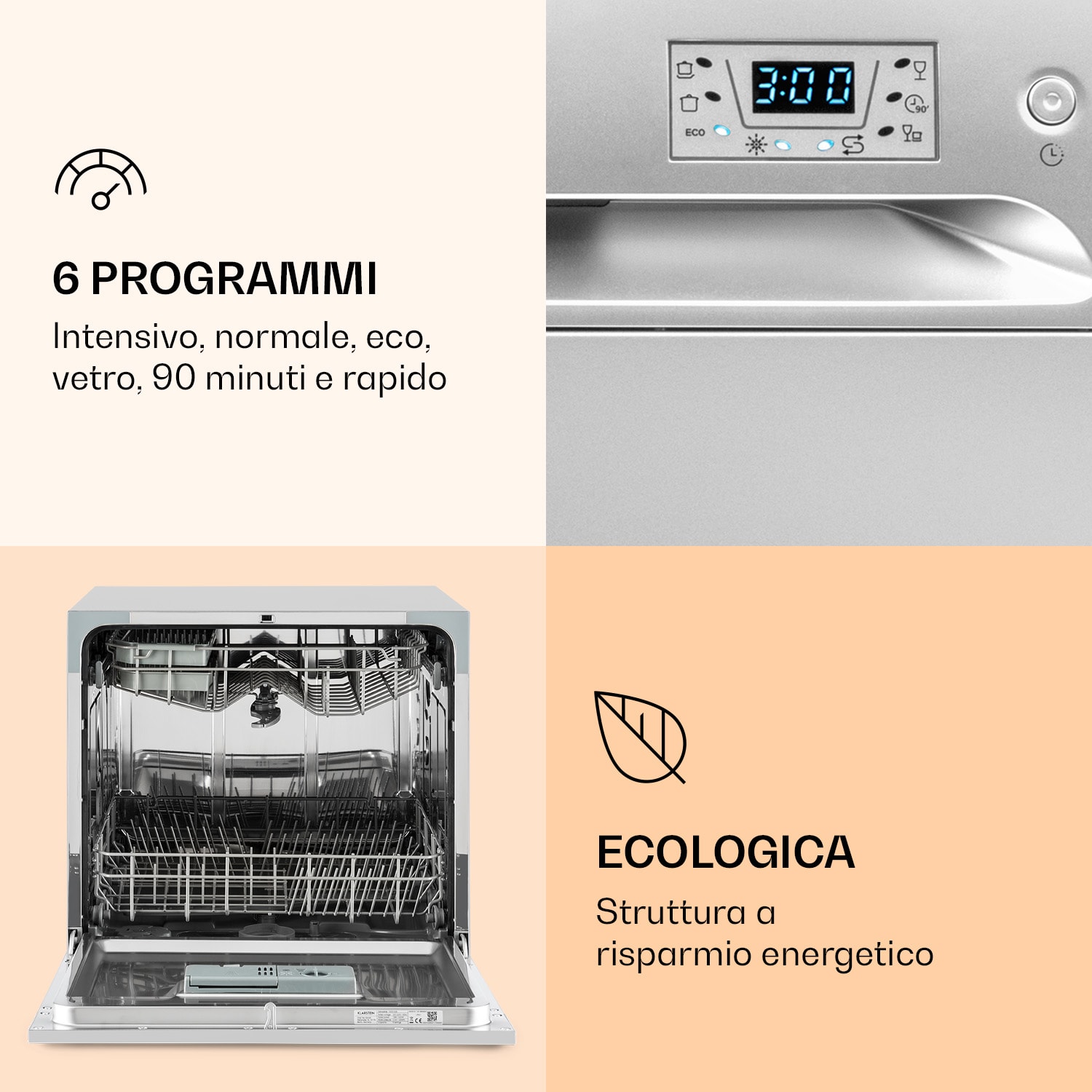 Amazonia 8 - Lavastoviglie, 1620 Watt, per 8 coperti, 49 dB, Aquastop Argento metallizzato