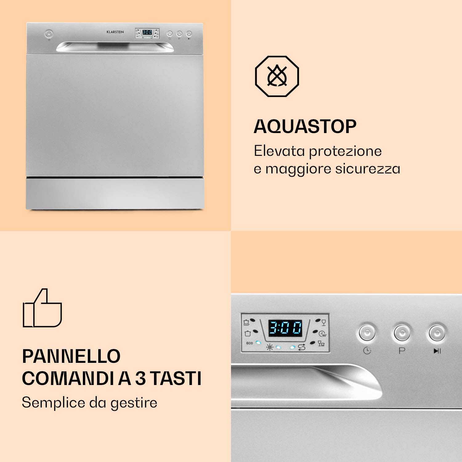 Amazonia 8 - Lavastoviglie, 1620 Watt, per 8 coperti, 49 dB, Aquastop Argento metallizzato