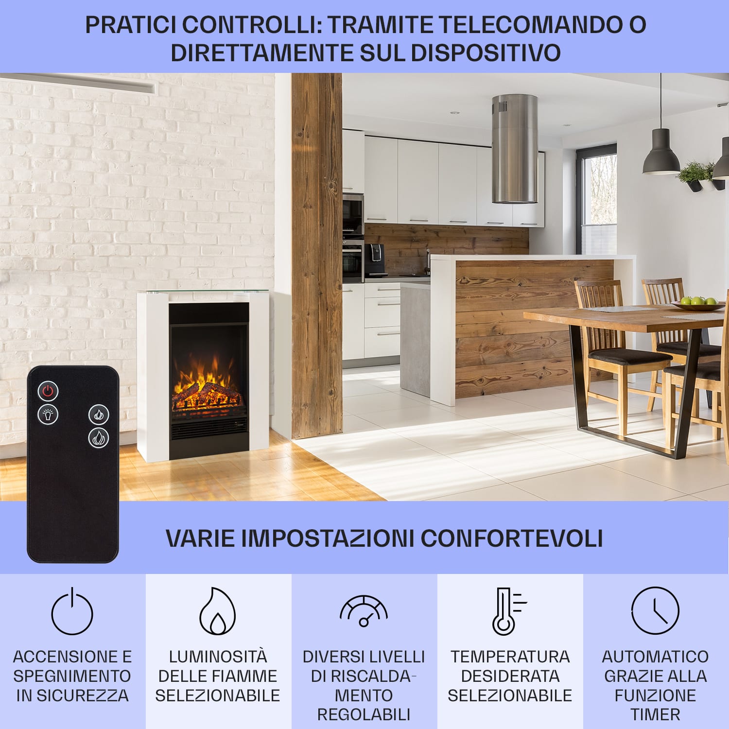 Studio 5 Camino elettrico 900/1800 W Telecomando Bianco