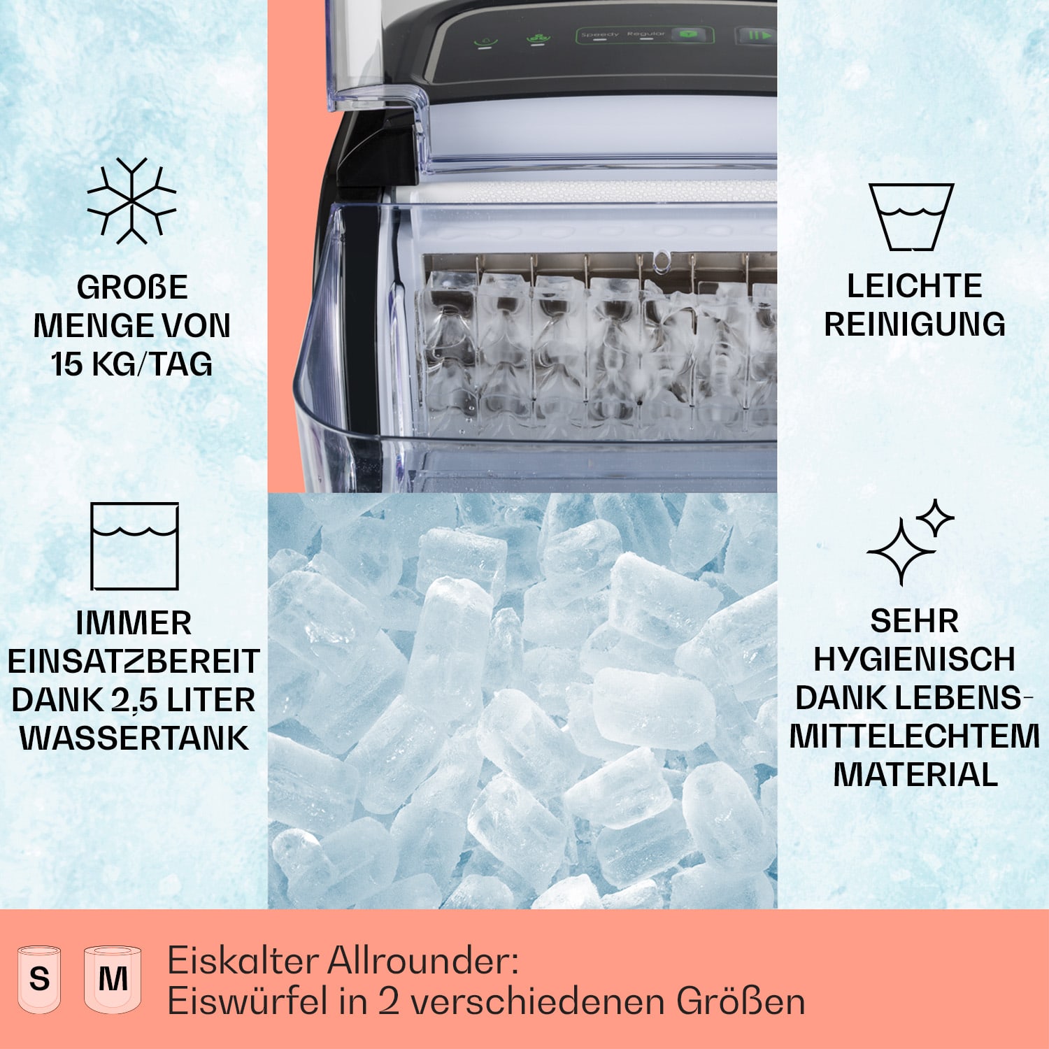 Kristall Eiswürfelmaschine Kristalleis 2 Größen 2,5l Wassertank 