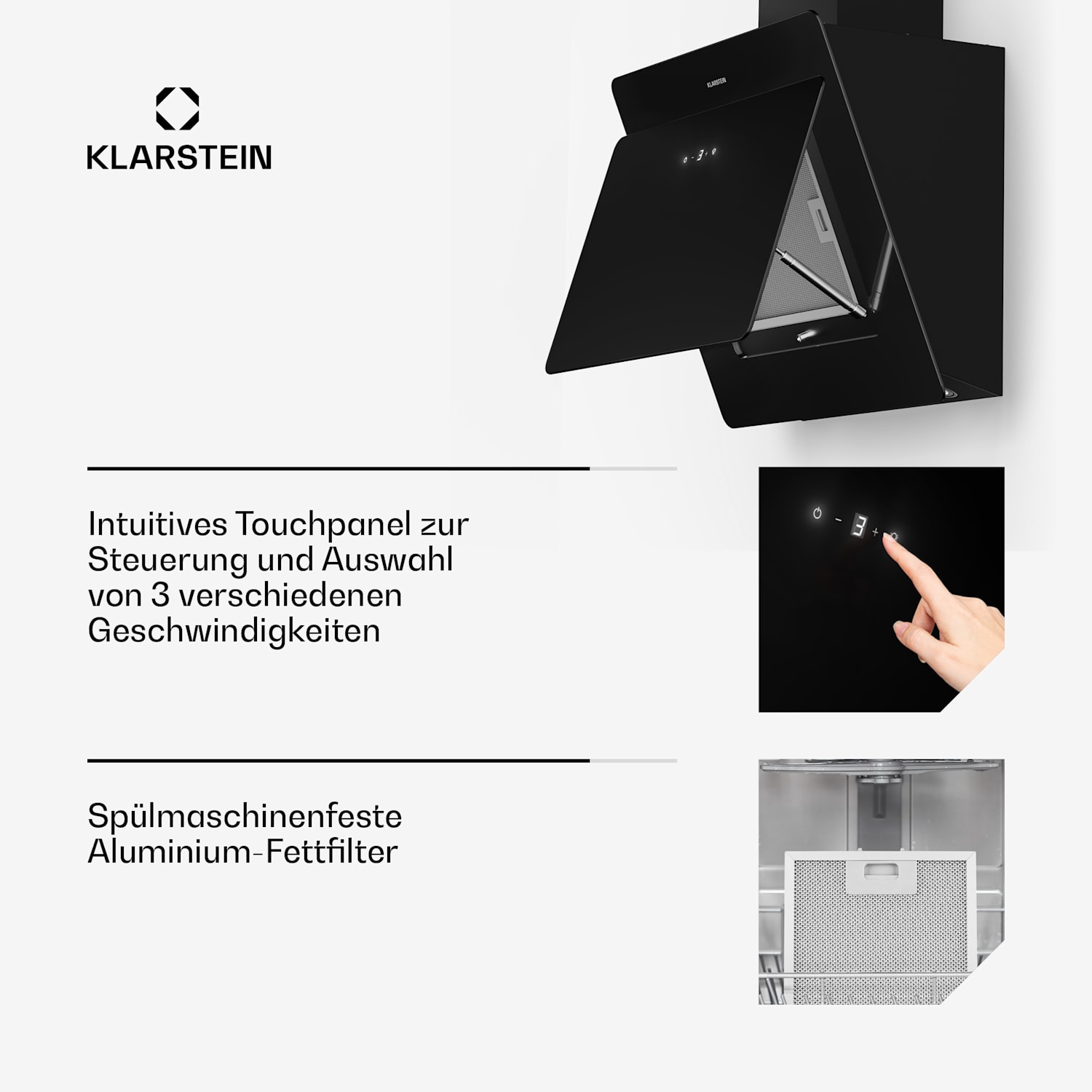 Aurica 60 Dunstabzugshaube 60cm 600 m³/h LED Touch Glas 60 cm | Ohne Ersatz-Filter | Schwarz