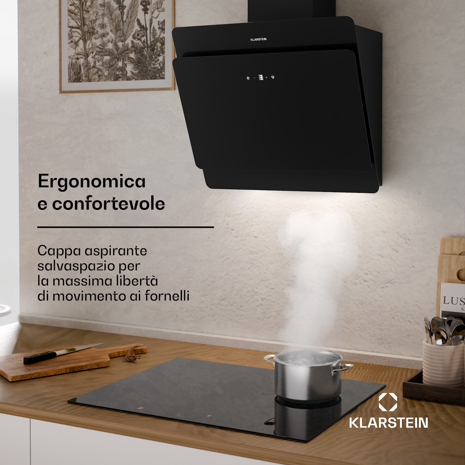 Aurica 60 - Cappa aspirante, 60 cm, 600 m³/h, LED, Touch, vetro 60 cm | Senza filtro di ricambio | Nero