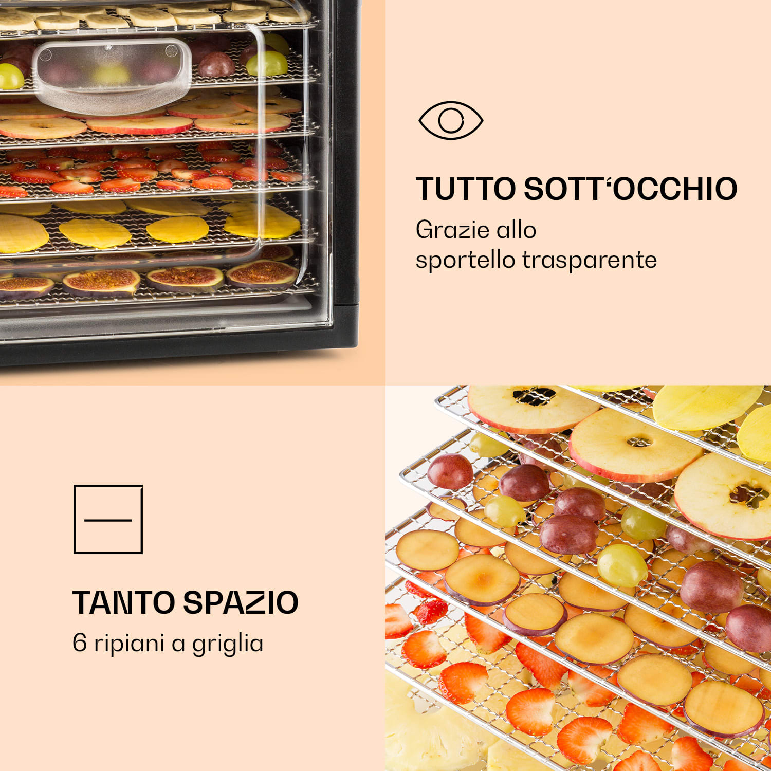 Fruit Jerky Plus 6 - Essiccatore, timer, 6 ripiani, disidratatore, 420-500 W, 35-70 °C, display 6 scomparti