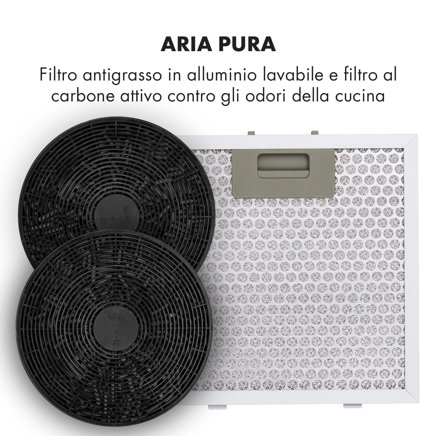 Barett - Cappa aspirante a isola, Ø 35 cm, ricircolo, 558 m³/h, LED, filtri ai carboni attivi Acciaio inox
