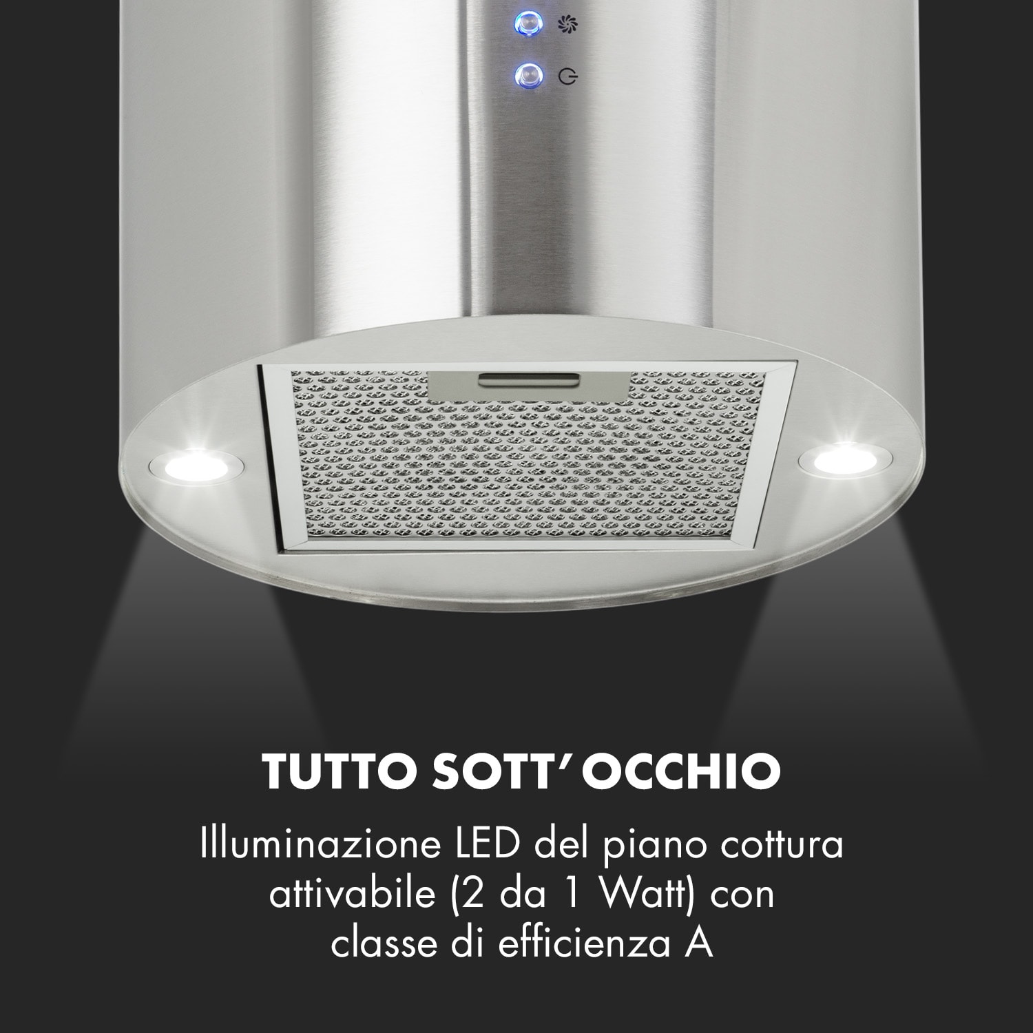 Barett - Cappa aspirante a isola, Ø 35 cm, ricircolo, 558 m³/h, LED, filtri ai carboni attivi Acciaio inox