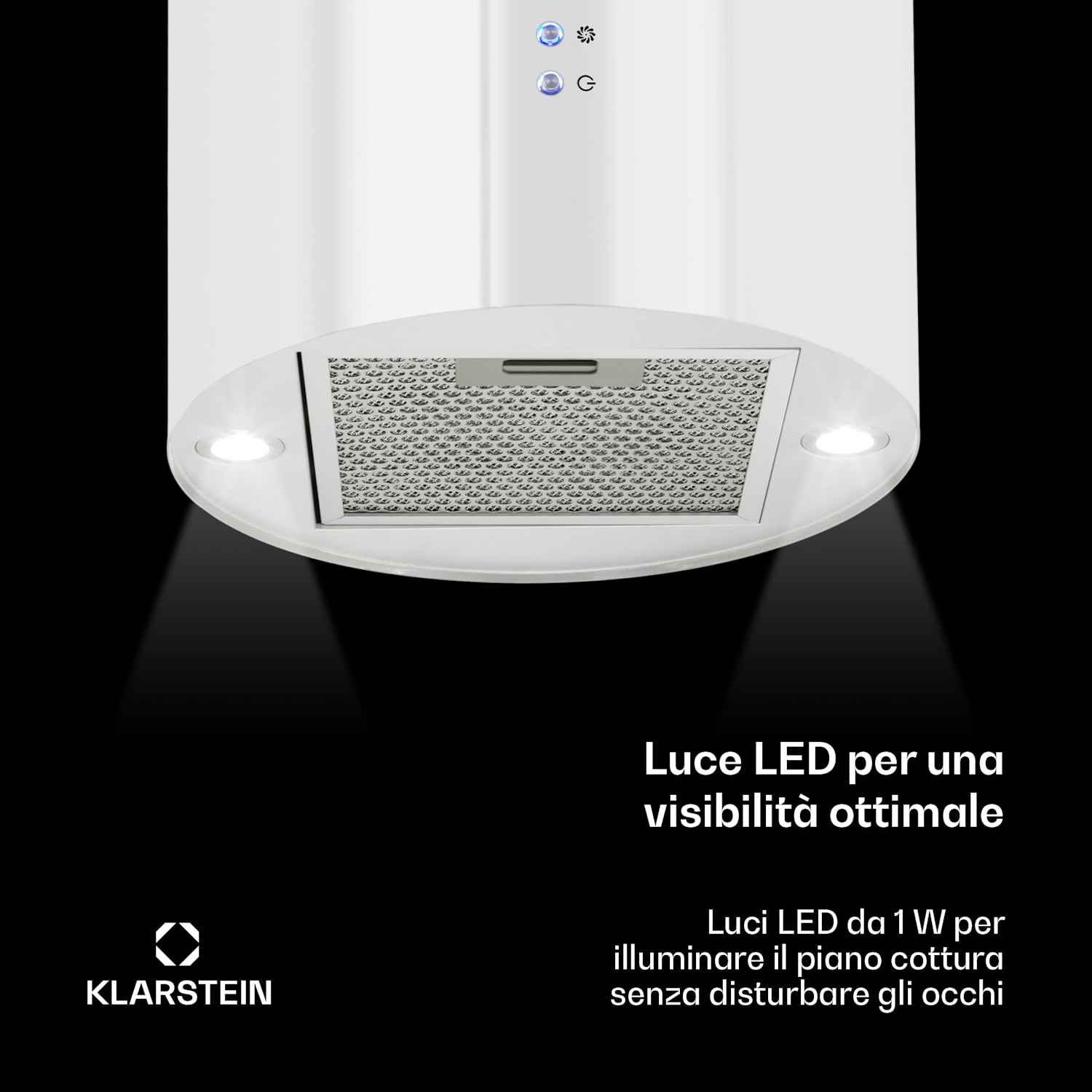 Barett - Cappa aspirante a isola, Ø 35 cm, ricircolo, 558 m³/h, LED, filtri ai carboni attivi Bianco
