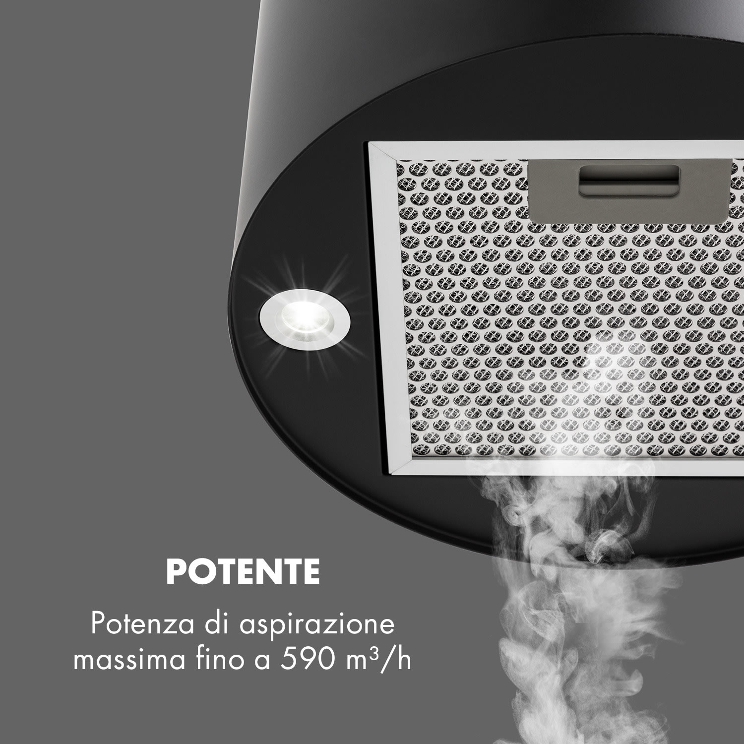 Barett - Cappa aspirante a isola, Ø 35 cm, ricircolo, 558 m³/h, LED, filtri ai carboni attivi Nero