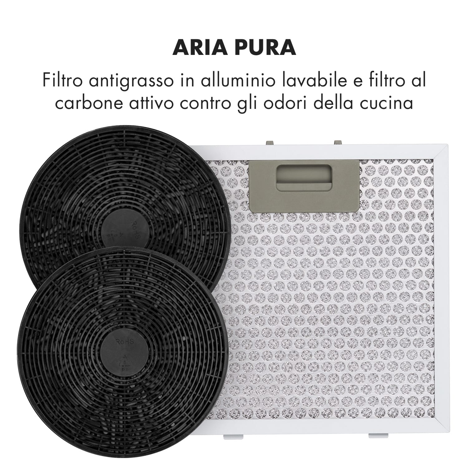 Barett - Cappa aspirante a isola, Ø 35 cm, ricircolo, 558 m³/h, LED, filtri ai carboni attivi Nero