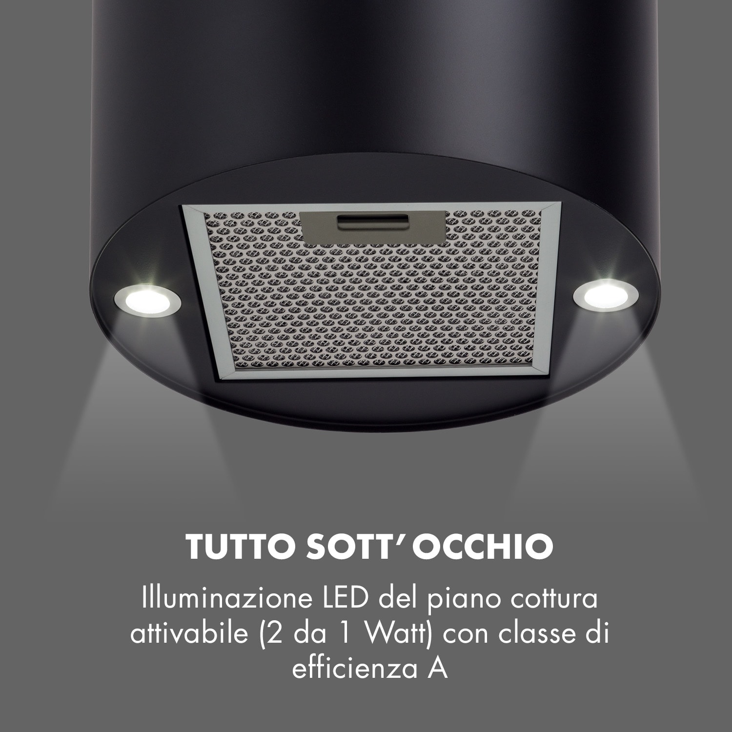Barett - Cappa aspirante a isola, Ø 35 cm, ricircolo, 558 m³/h, LED, filtri ai carboni attivi Nero
