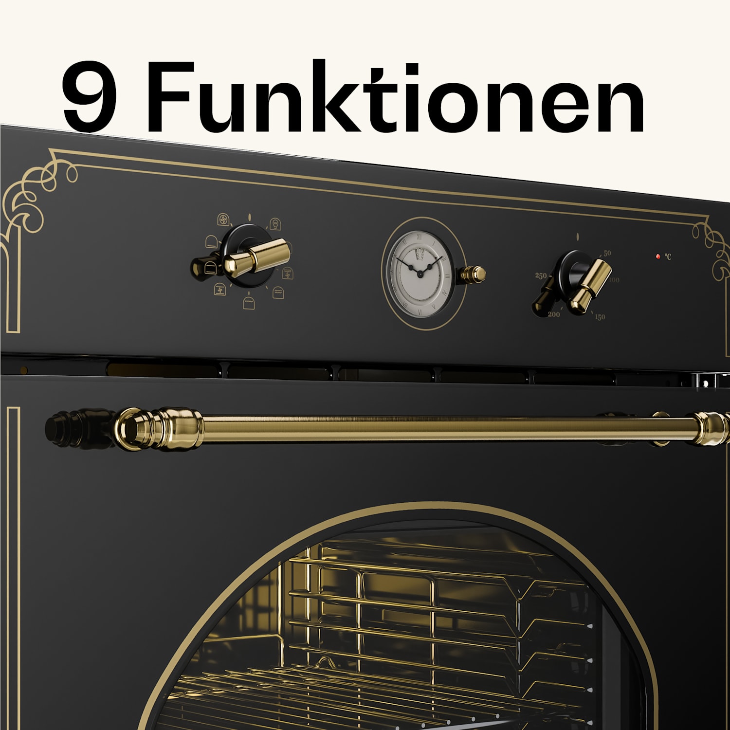 Victoria Einbaubackofen Retro-Design 9 Funktionen 50-250°C schwarz Schwarz