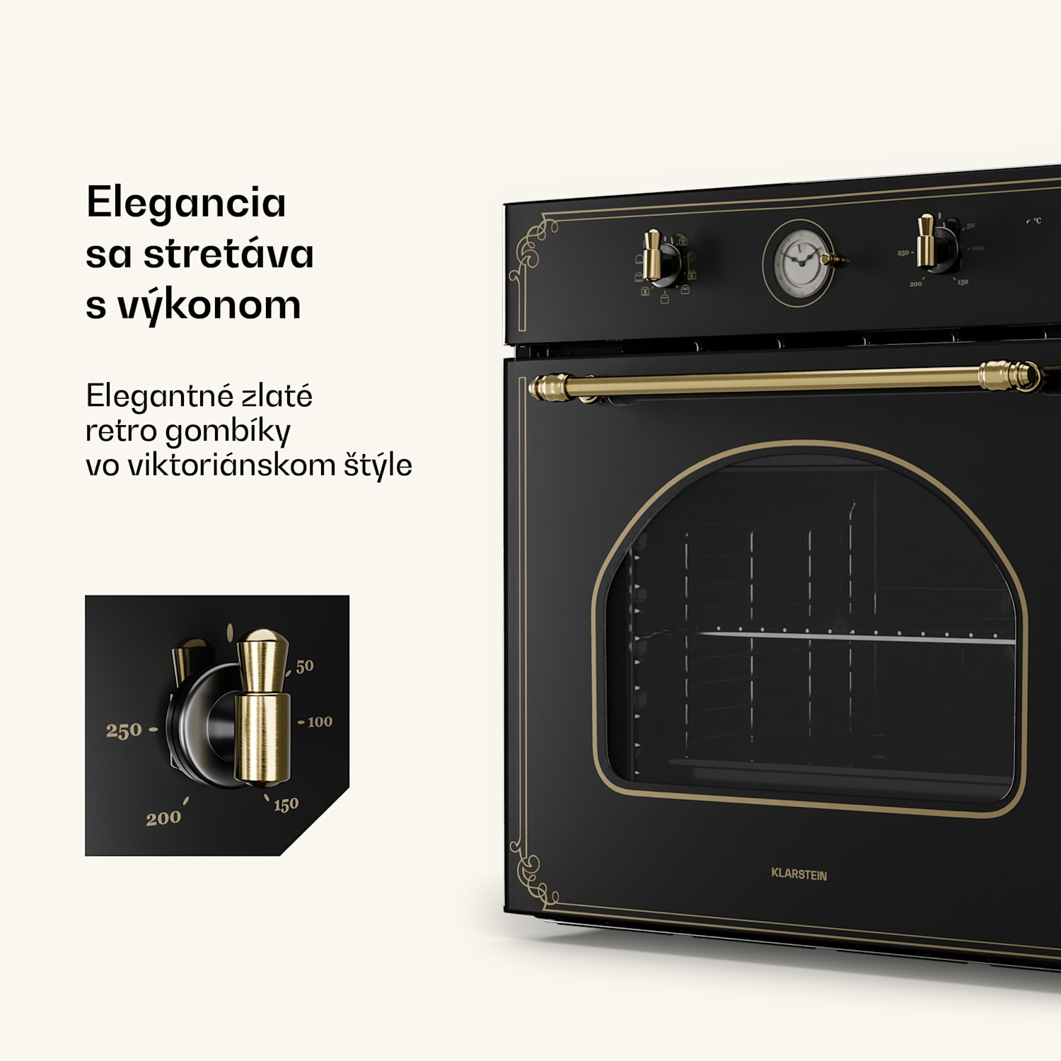 Victoria, vstavaná rúra, retro vzhľad, 9 funkcií, 50 – 250 °C, čierna 