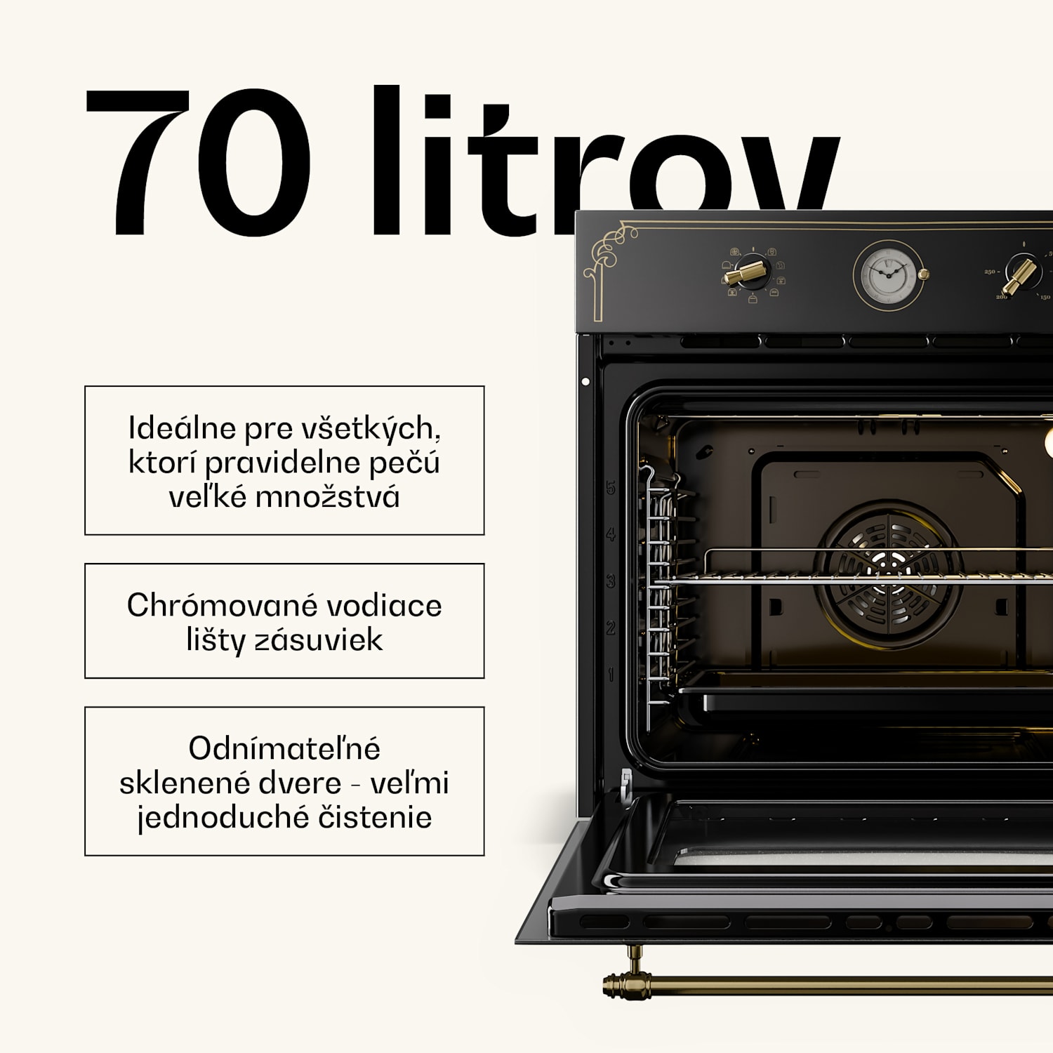 Victoria, vstavaná rúra, retro vzhľad, 9 funkcií, 50 – 250 °C, čierna 