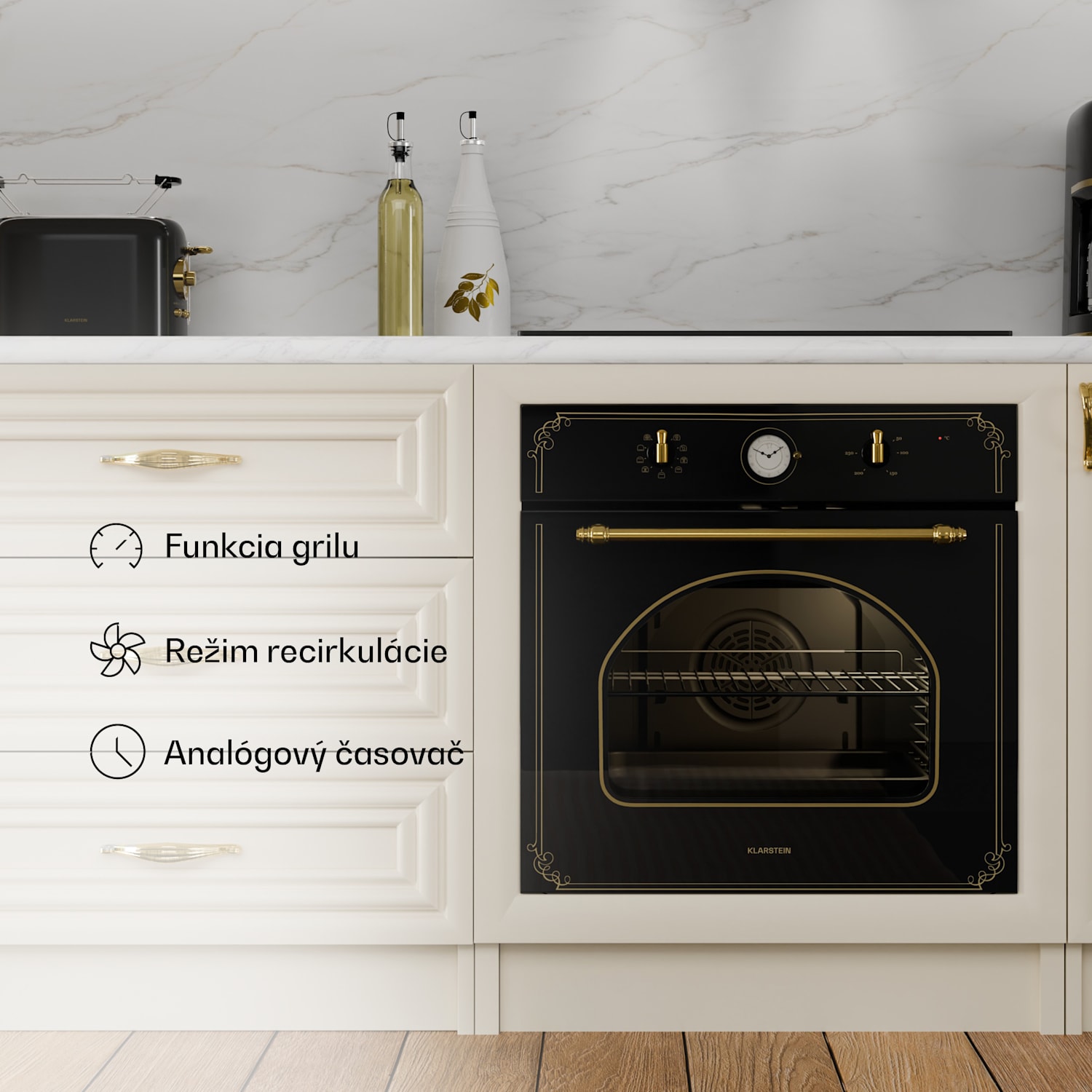 Victoria, vstavaná rúra, retro vzhľad, 9 funkcií, 50 – 250 °C, čierna 