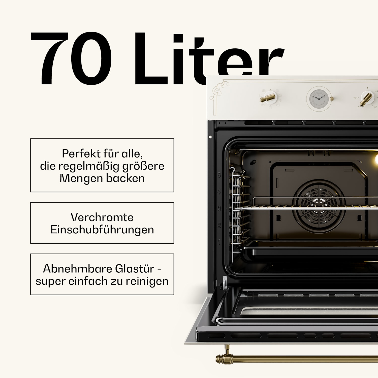 Victoria Einbaubackofen Retro-Design 9 Funktionen 50-250°C elfenbein Vintage-Creme