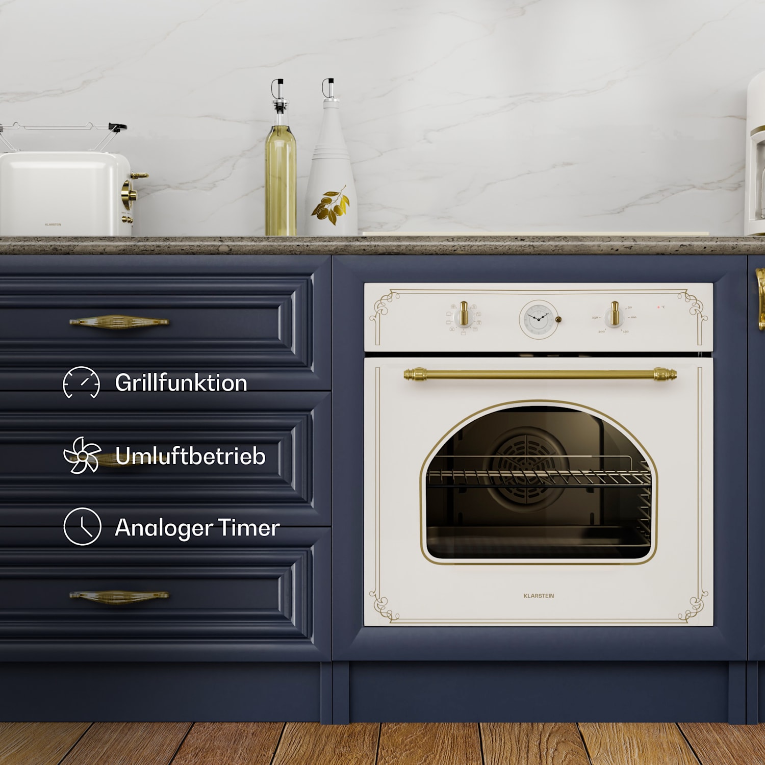 Victoria Einbaubackofen Retro-Design 9 Funktionen 50-250°C elfenbein Vintage-Creme