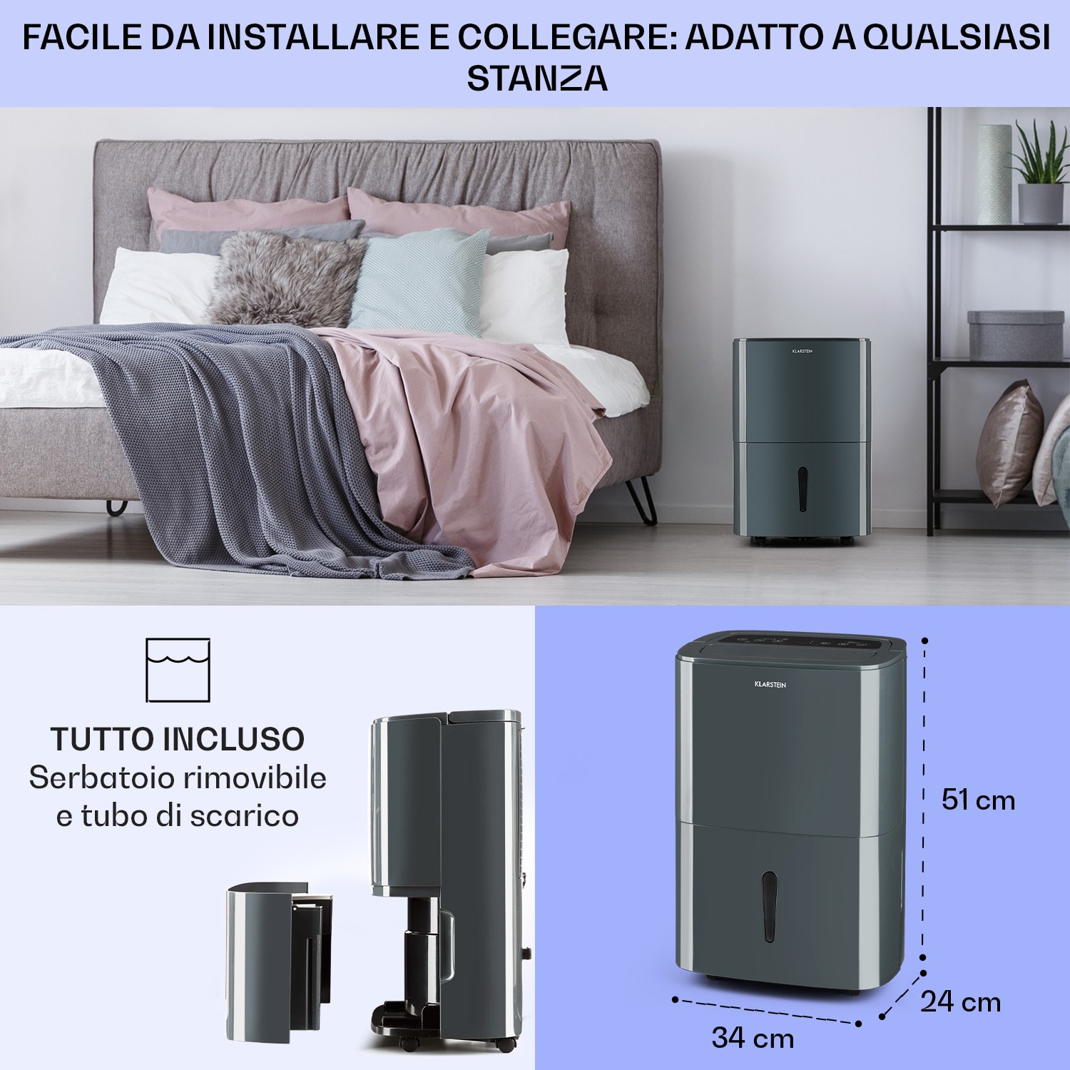 DryFy20 Deumidificatore 420W 20l/d 230m³/h 40-50m² DrySelect 45dB antracite 20l/24h | Antracite