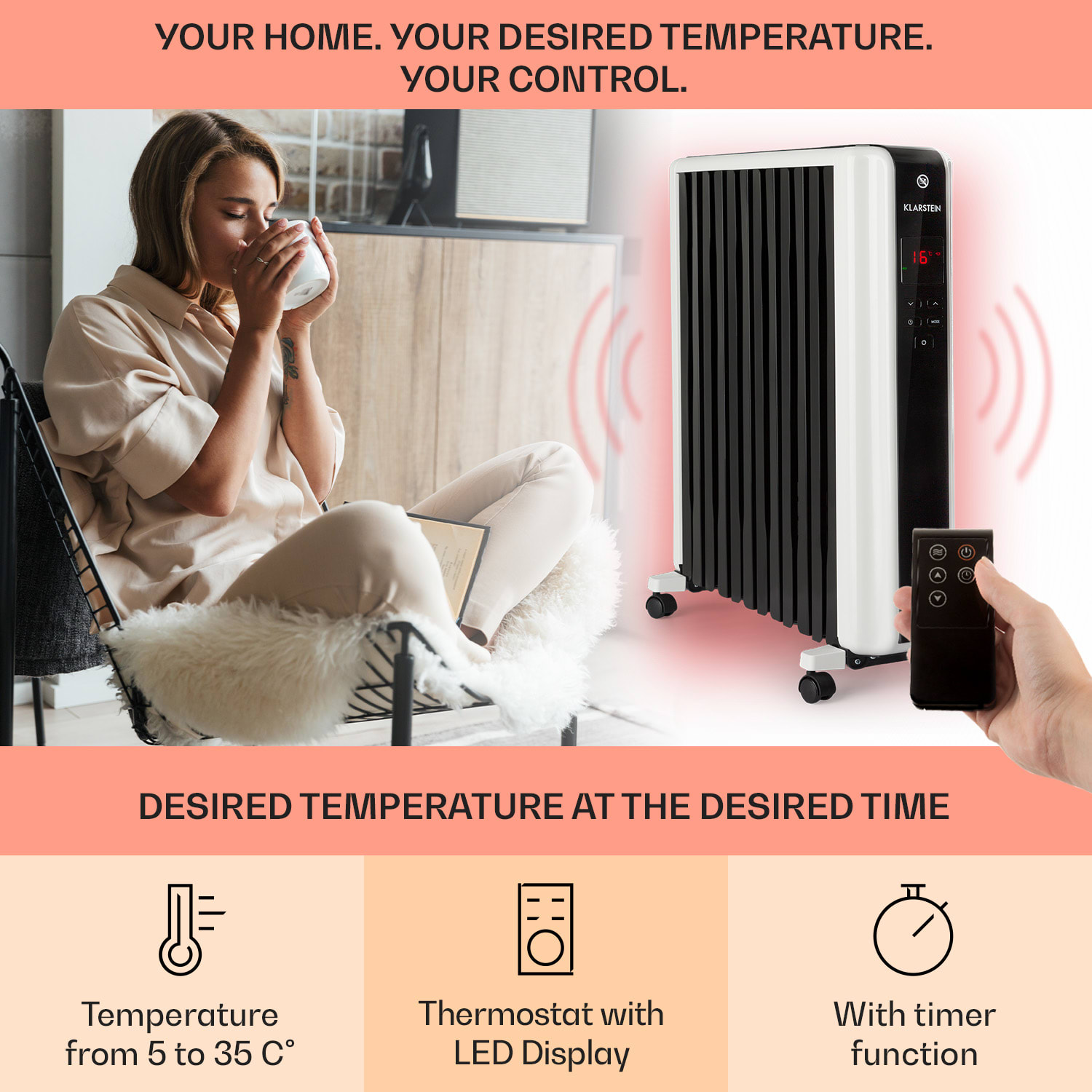 Thermaxx 2500, olajradiátor, 2500 W, 5 - 35 °C, 24-órás időzítő, fehér/fekete 