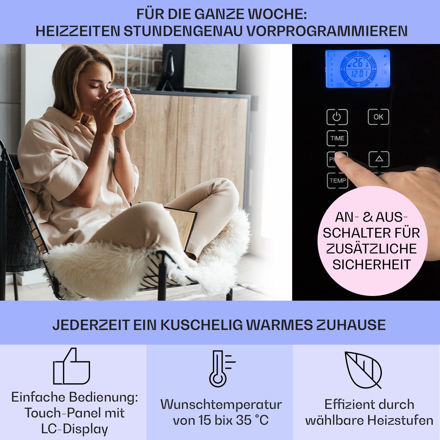 Norderney Konvektions-Heizgerät Thermostat Timer 2000W 30m² schwarz 