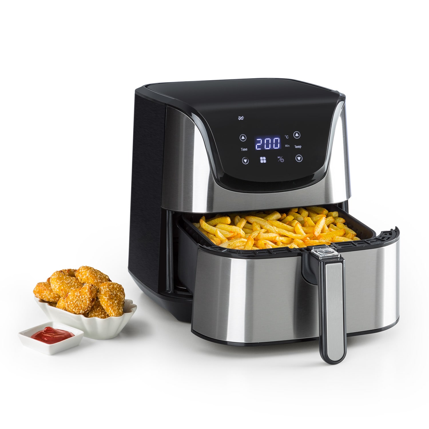 AeroVital Deluxe Heißluftfritteuse 1700W 5,4 Liter Edelstahl DeLuxe | Silber-Metallic