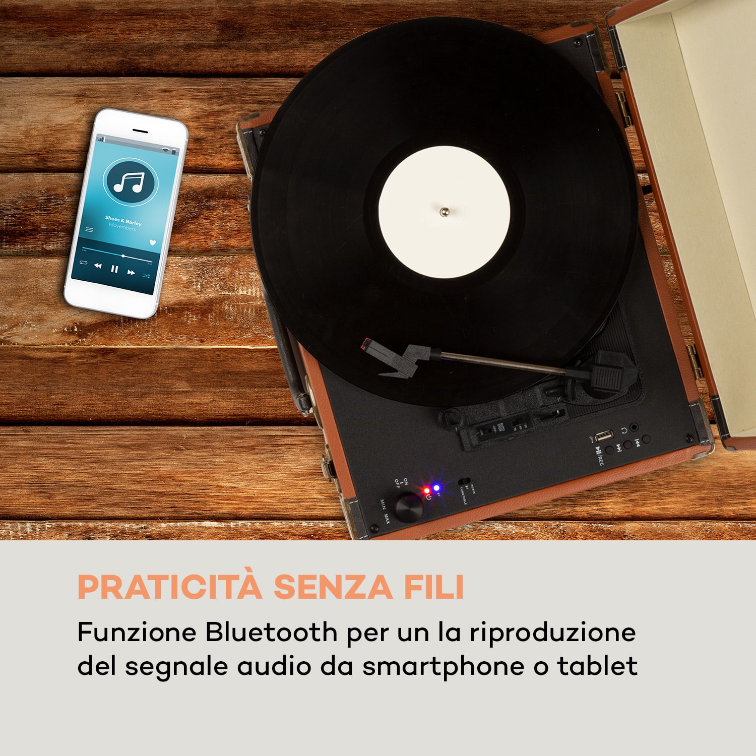Giradischi BT USB auna Jerry Lee BT registrazione e riproduzione marrone 