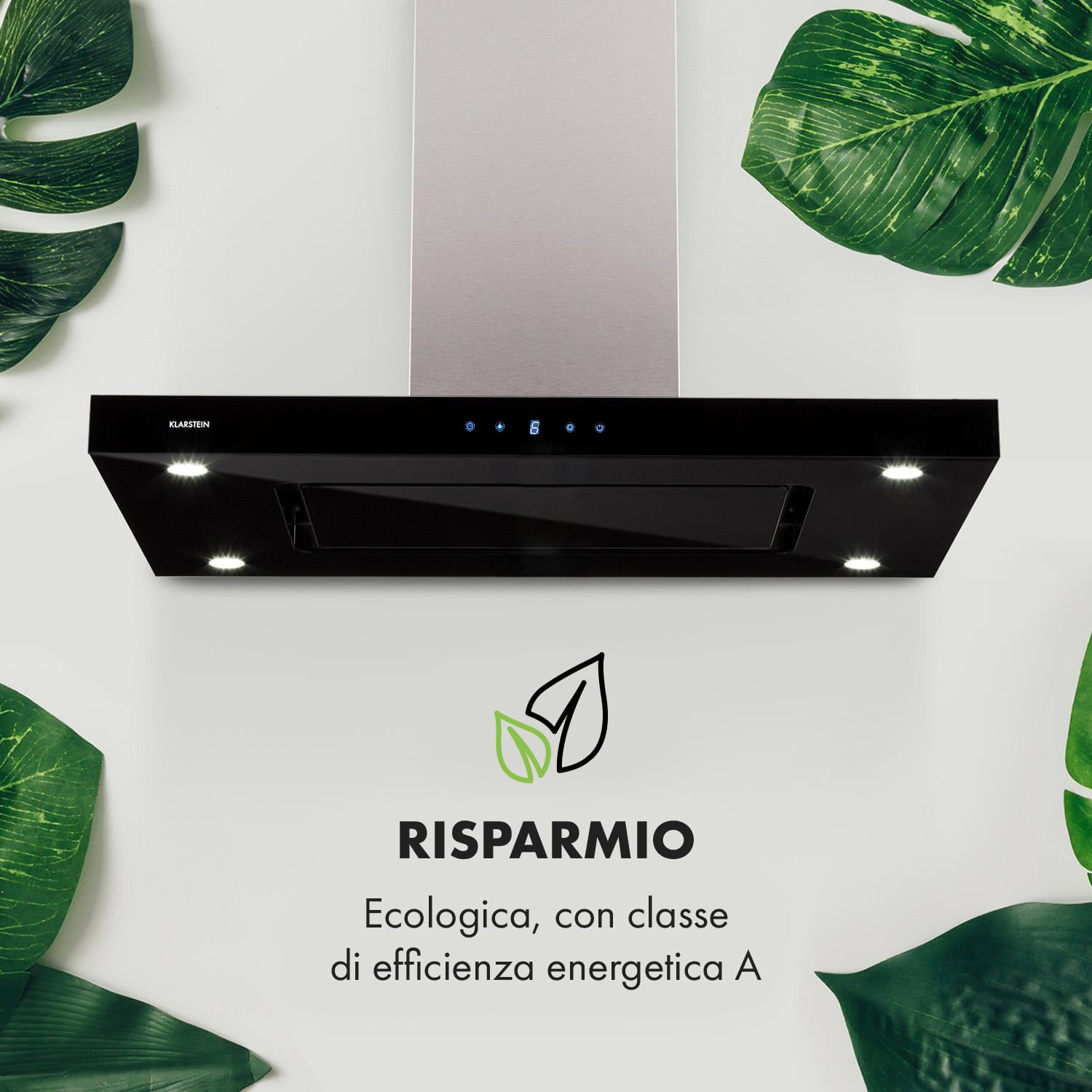 Valeria Cappa a Isola 90cm 650m³/h Scarico Touch LED Vetro Inox Nero