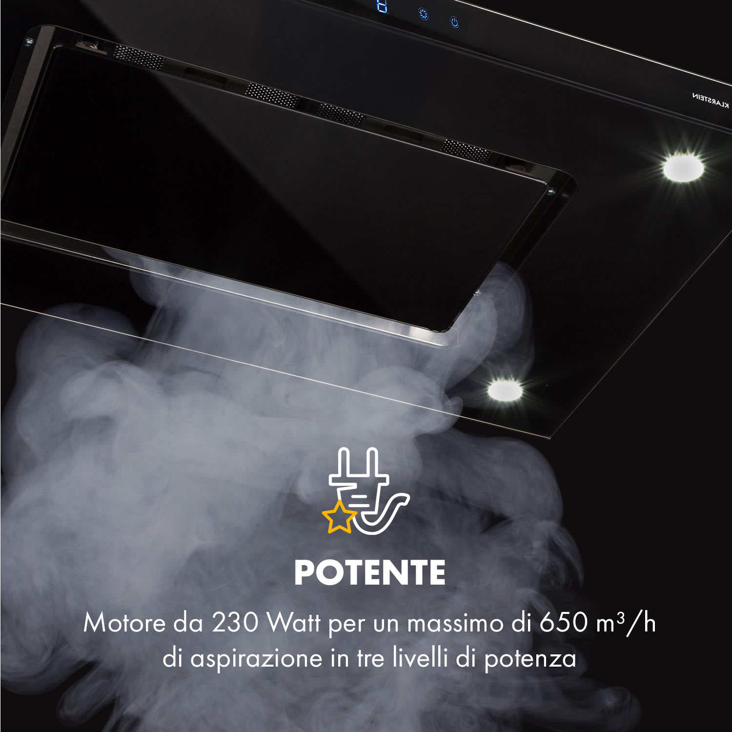Valeria Cappa a Isola 90cm 650m³/h Scarico Touch LED Vetro Inox Nero